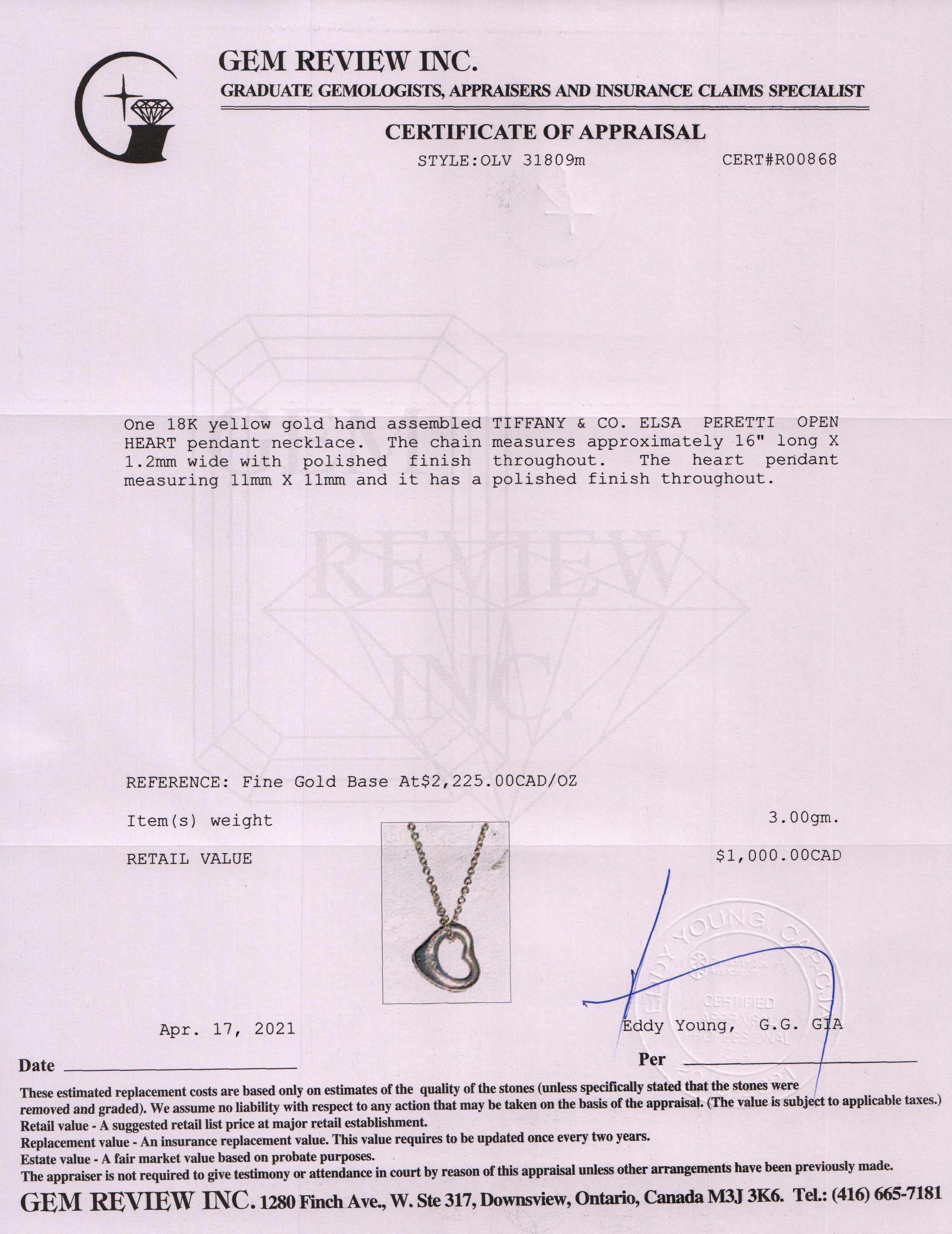 Tiffany & Co. 18k Gold Elsa Peretti Open Heart Pendant Necklace