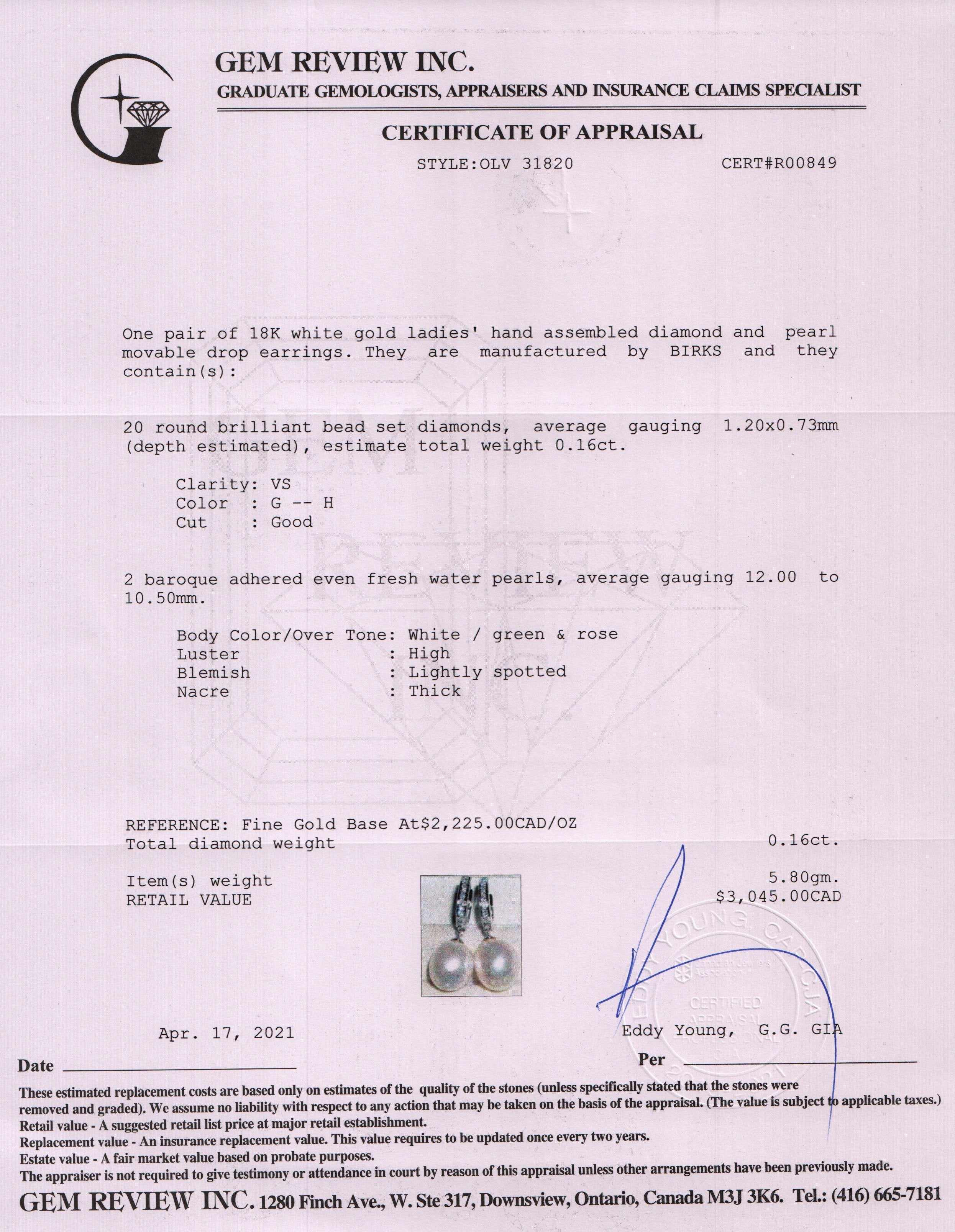 Birks 18k White Gold Pearl & Diamond Drop Earrings