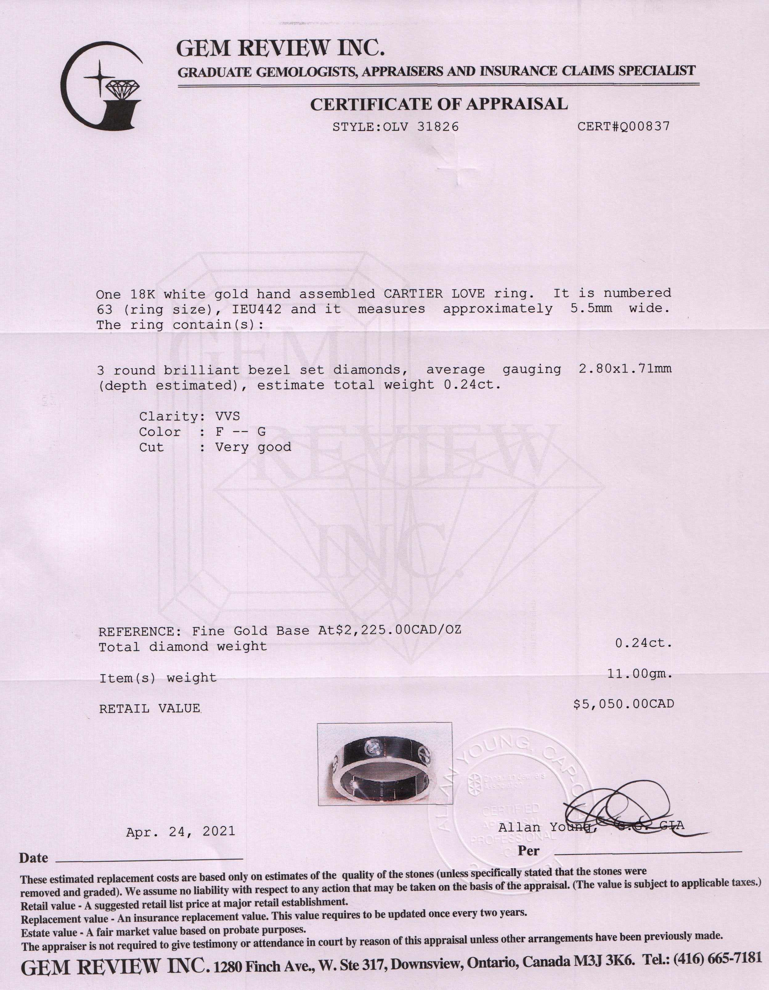 Cartier 18k White Gold 3 Diamond Love Ring w/ Certificate