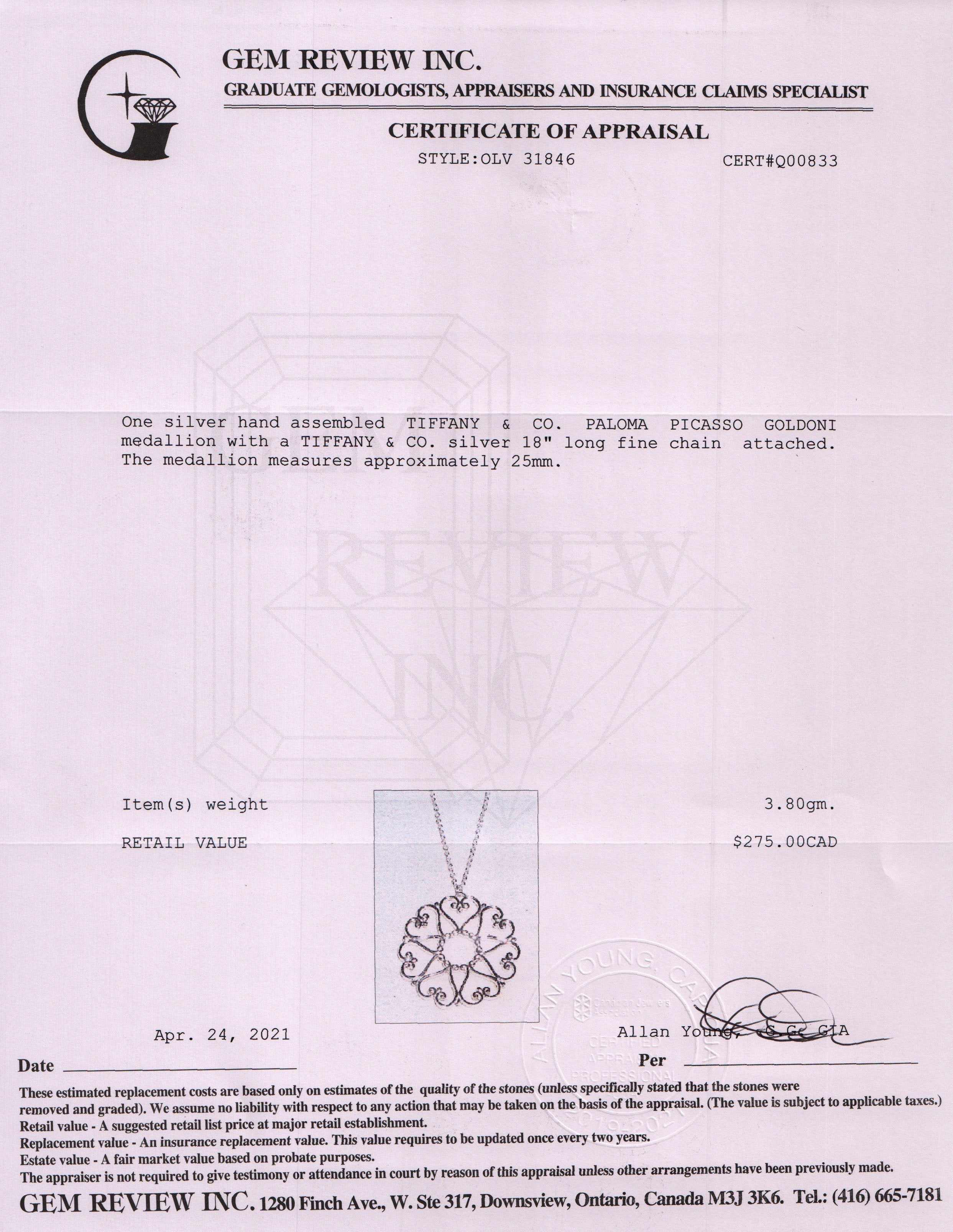 Tiffany & Co. Paloma Picasso Goldoni Medallion Pendant Necklace