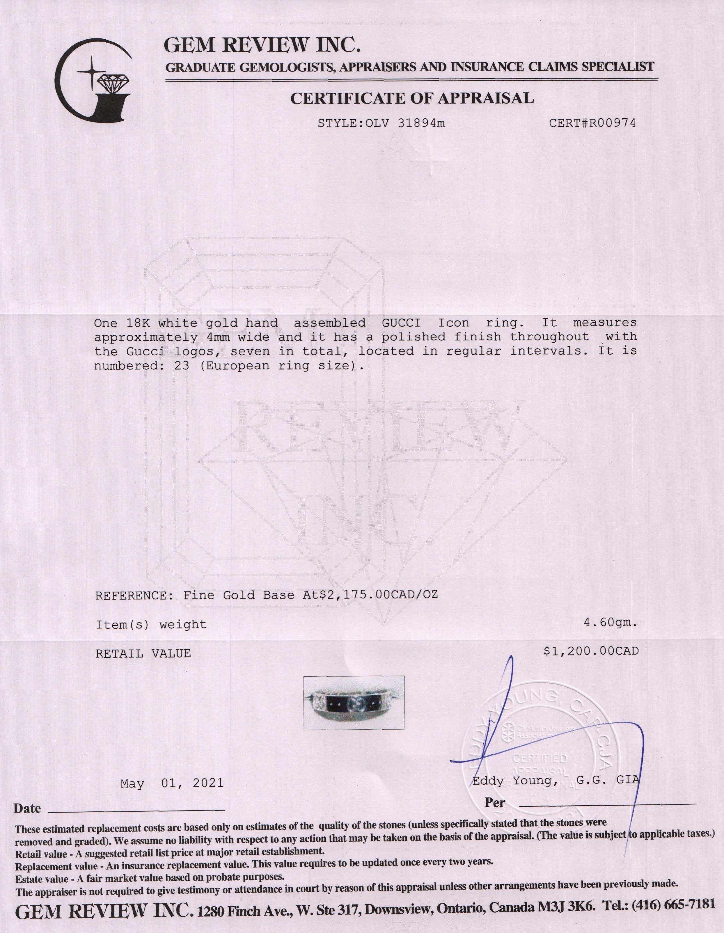 Gucci 18k White Gold Icon Thin Band Ring w/ Box