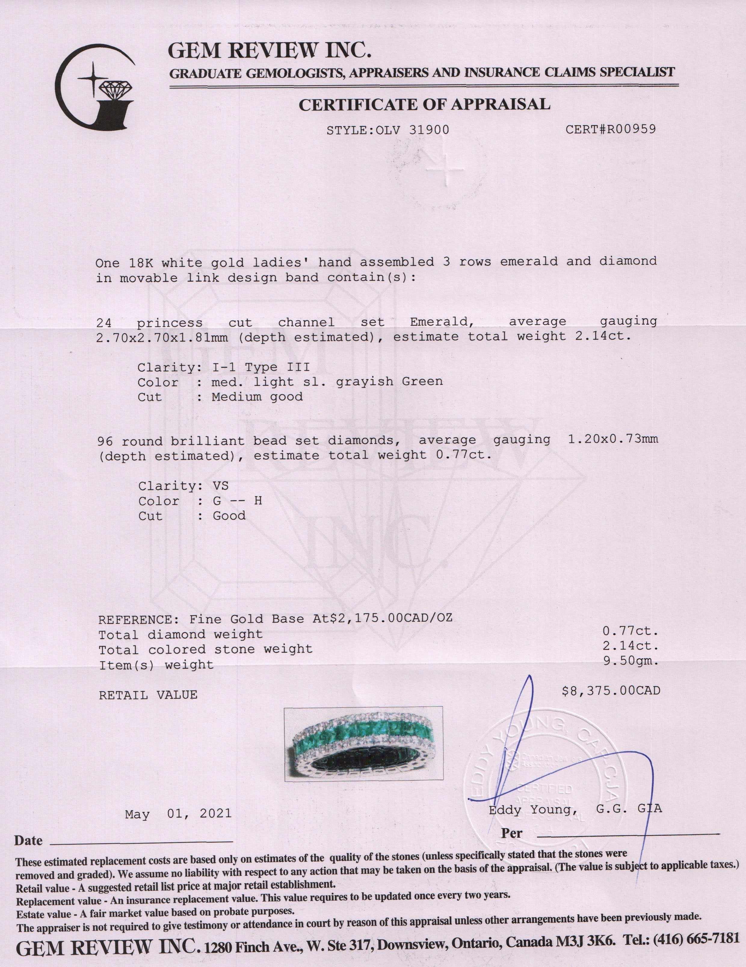 18k White Gold Emerald & Diamond Flexible Band Ring