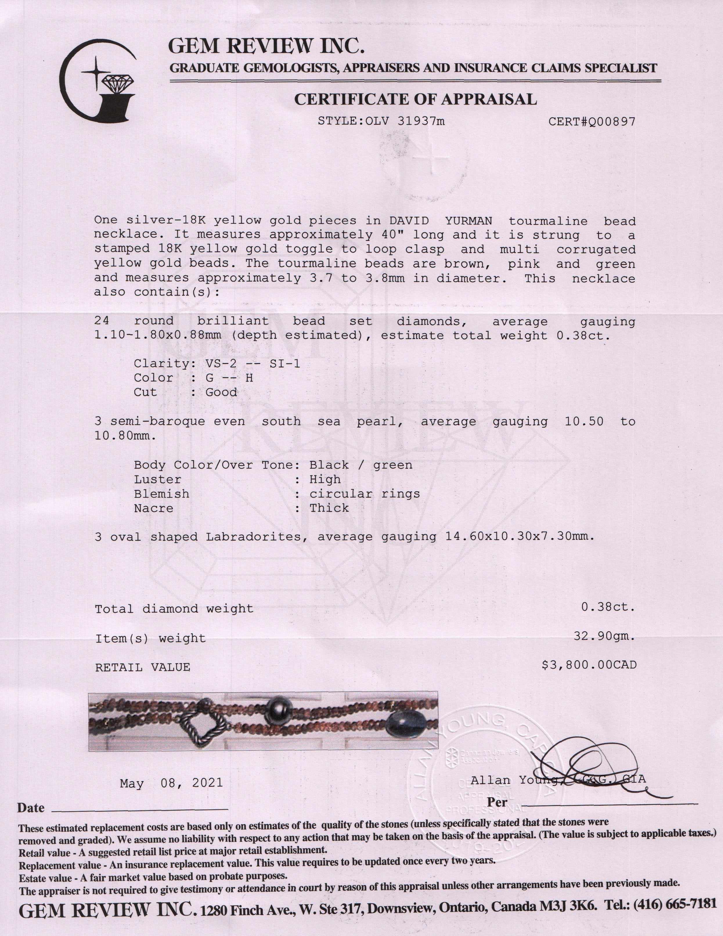 David Yurman Signature Tourmaline Bead Necklace w/ Pearl & Diamonds