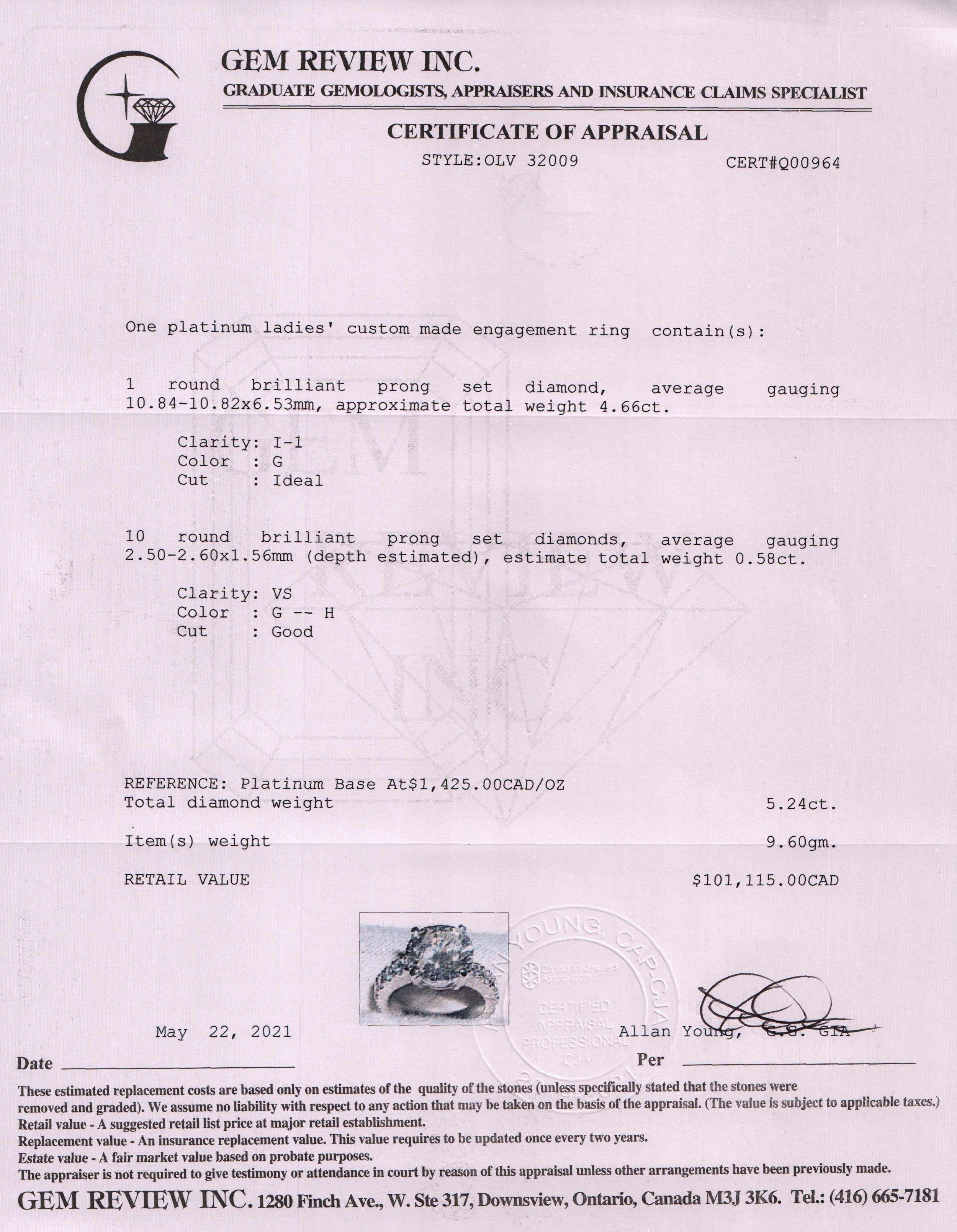 Platinum 4.66 ct. Round Cut Diamond Engagement Ring