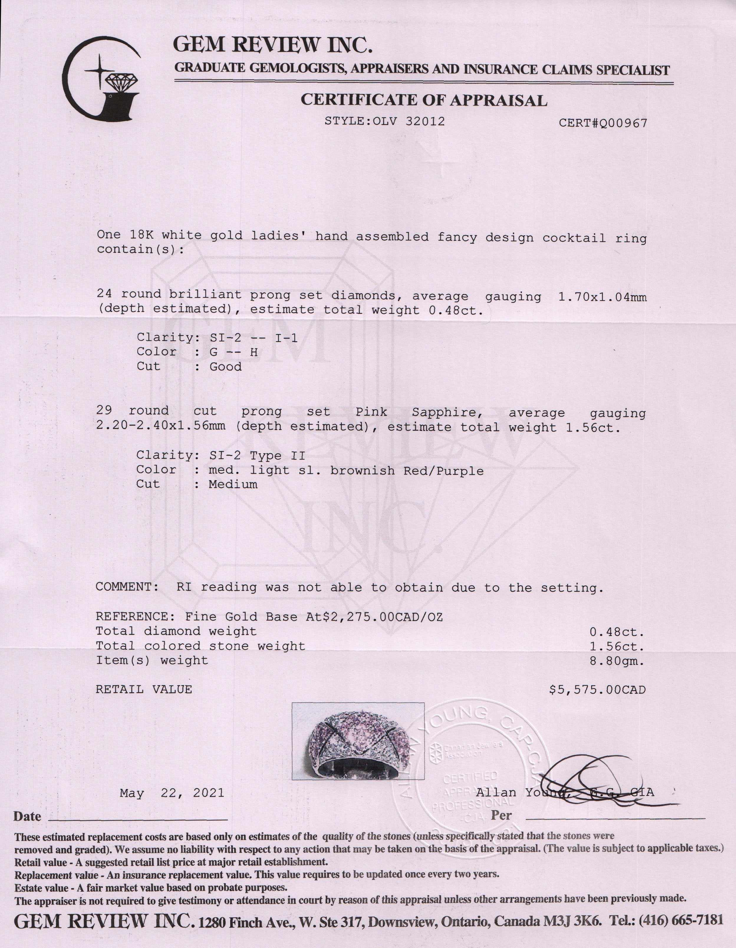 Pink Sapphire & Diamond Cocktail Ring (Item is lost by Canada Post)