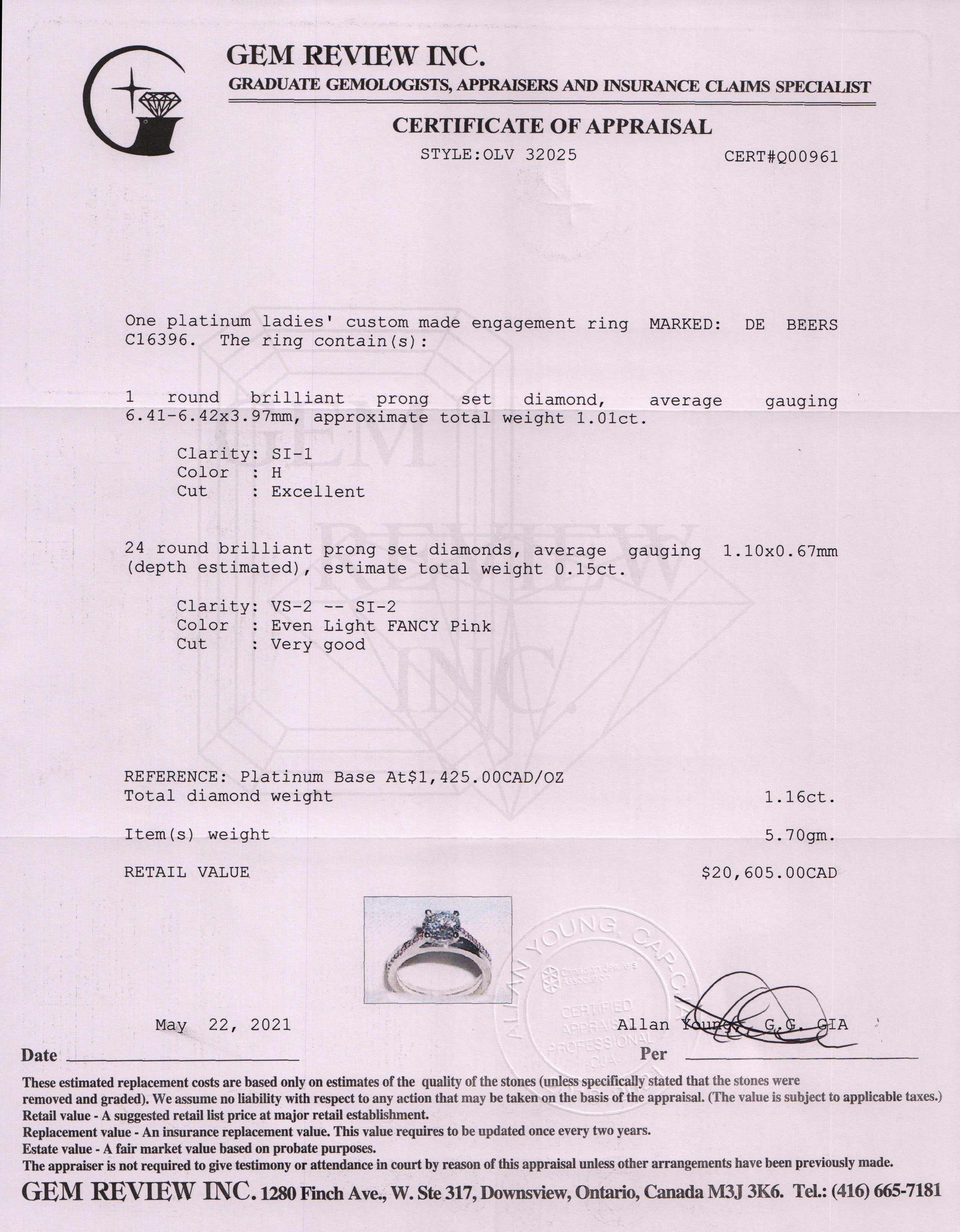 De Beers Diamond Engagement Ring w/ Box & GIA Cert