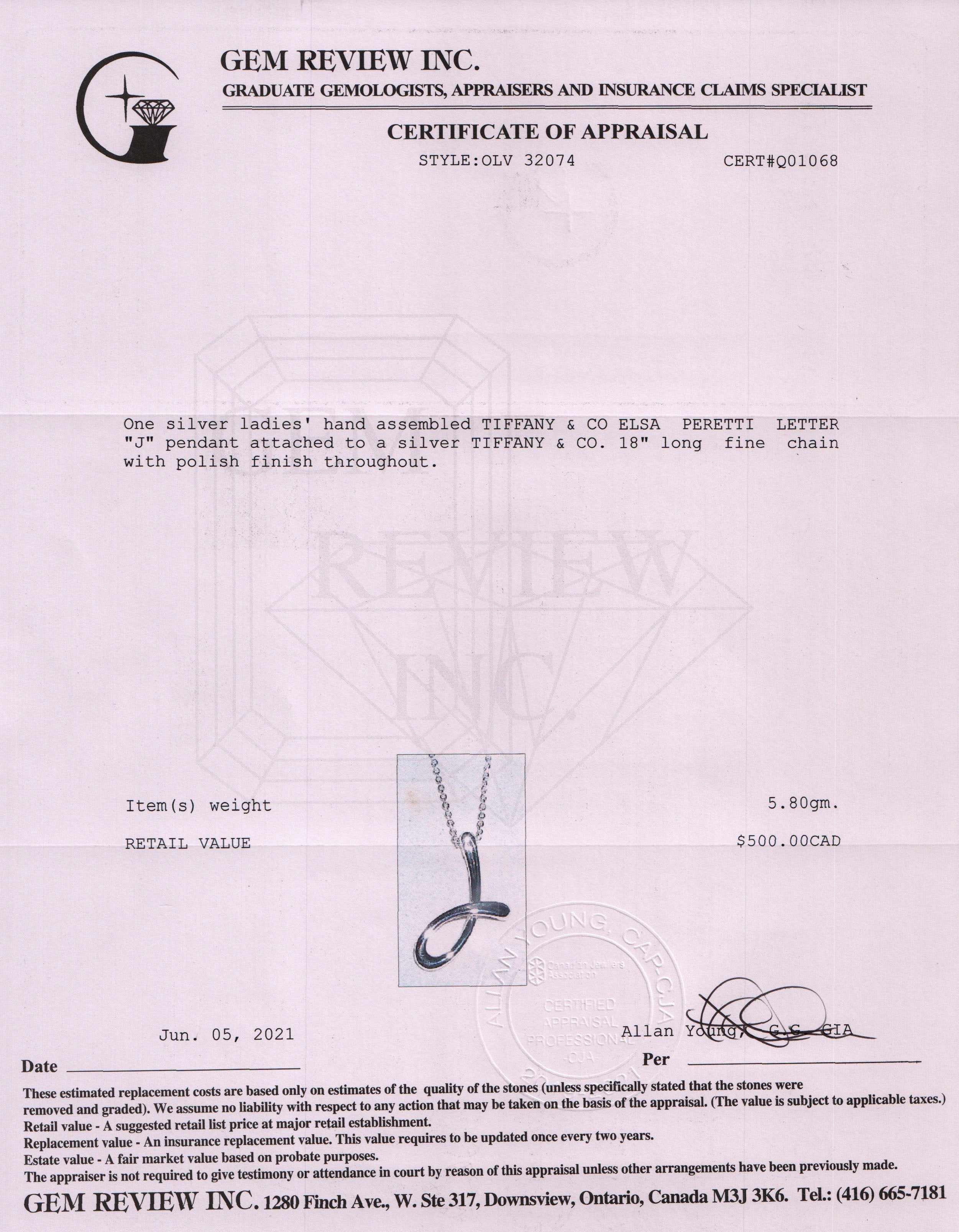 Tiffany & Co. Elsa Peretti Letter 'J' Pendant Necklace