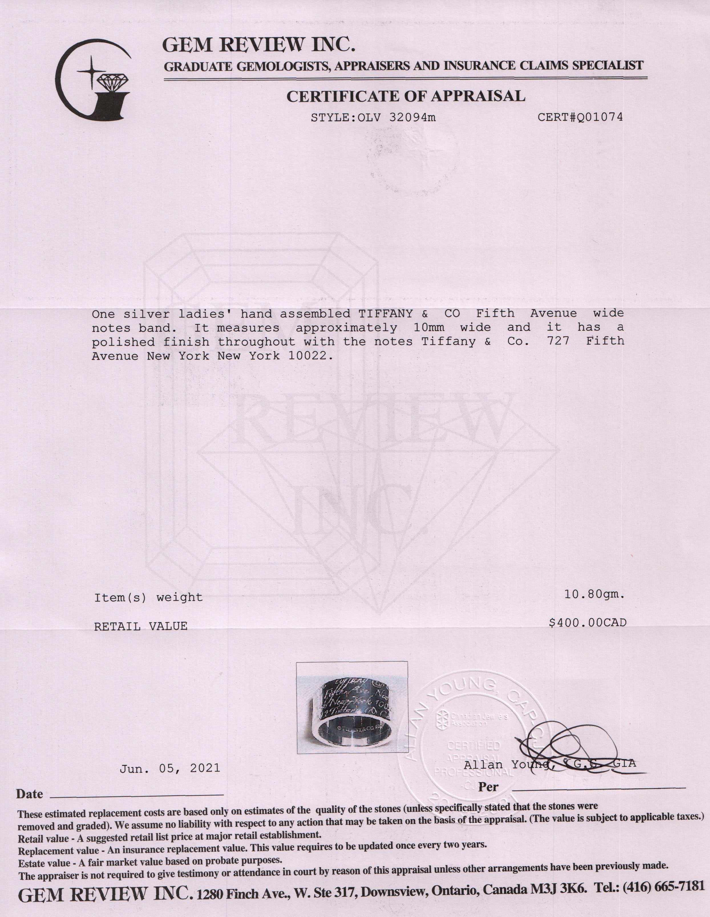 Tiffany & Co. Fifth Ave Wide Notes Band Ring