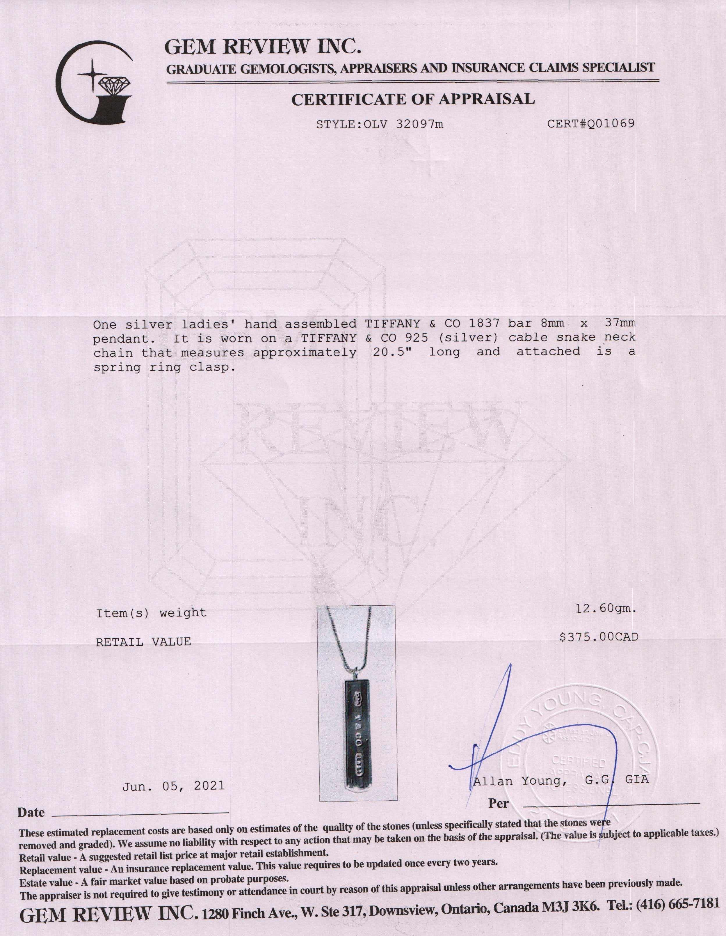 Tiffany & Co. 1837 Bar Pendant Necklace