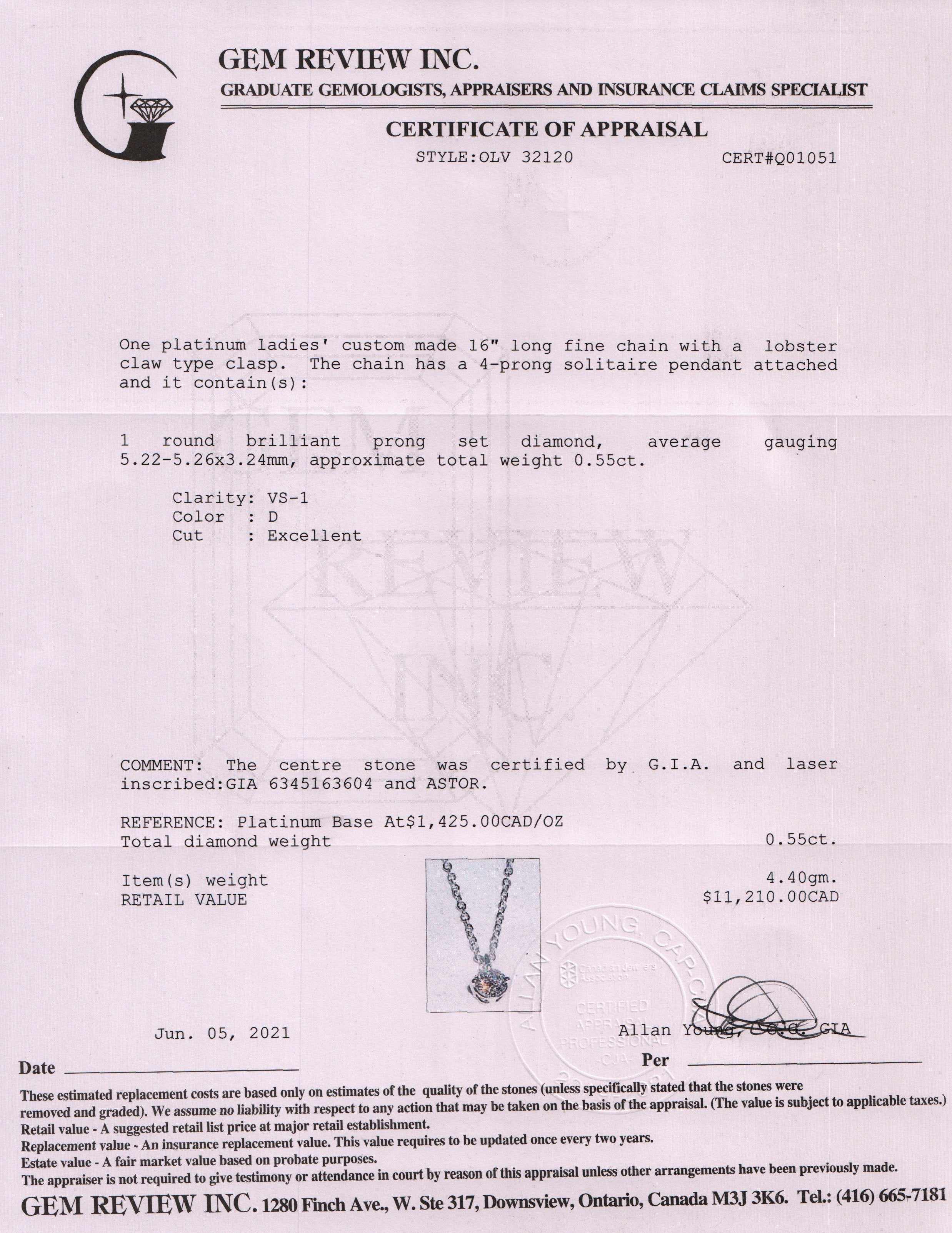 Diamond Solitaire Pendant Necklace w/ GIA Cert