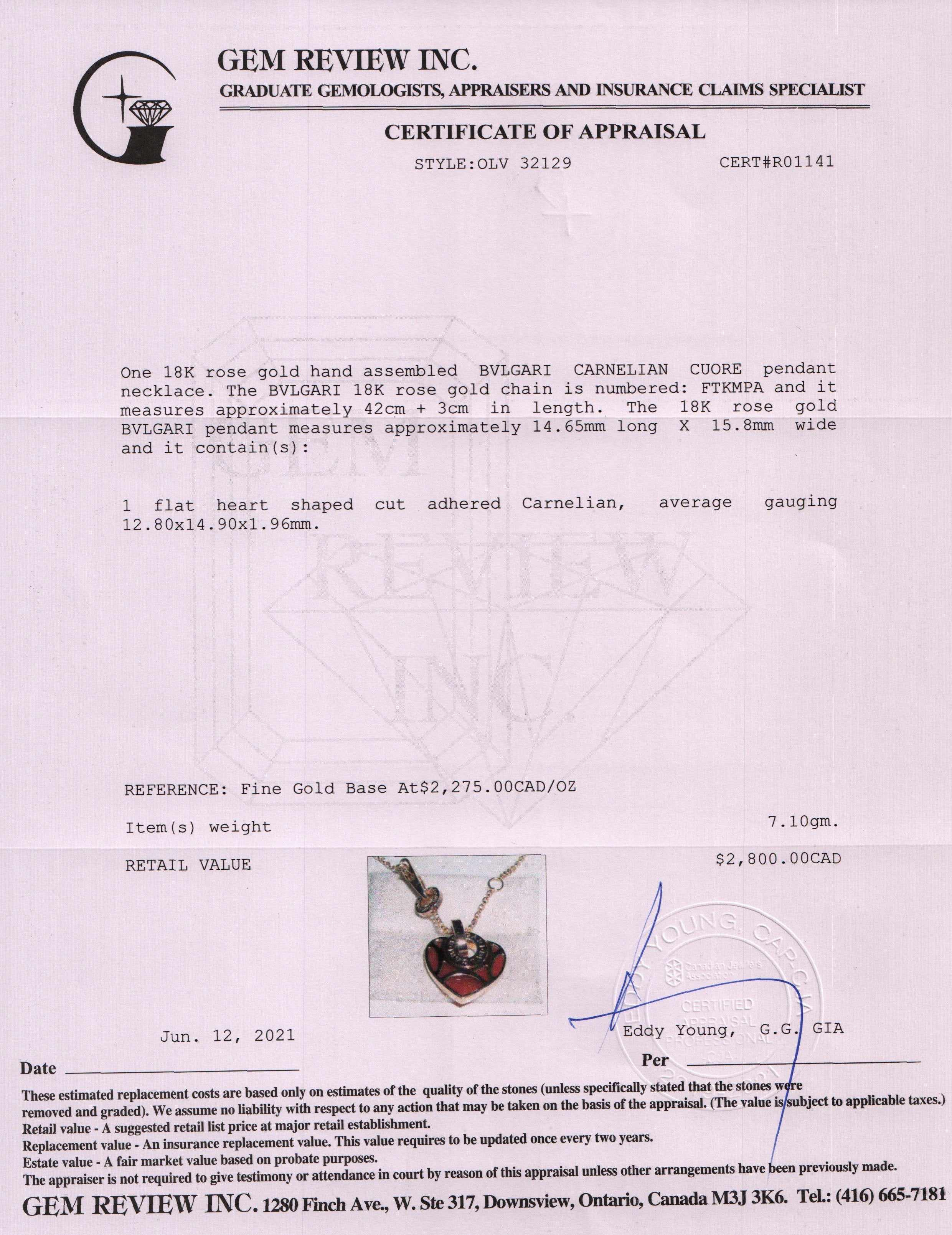 BVLGARI 18k Rose Gold Carnelian Cuore Pendant Necklace