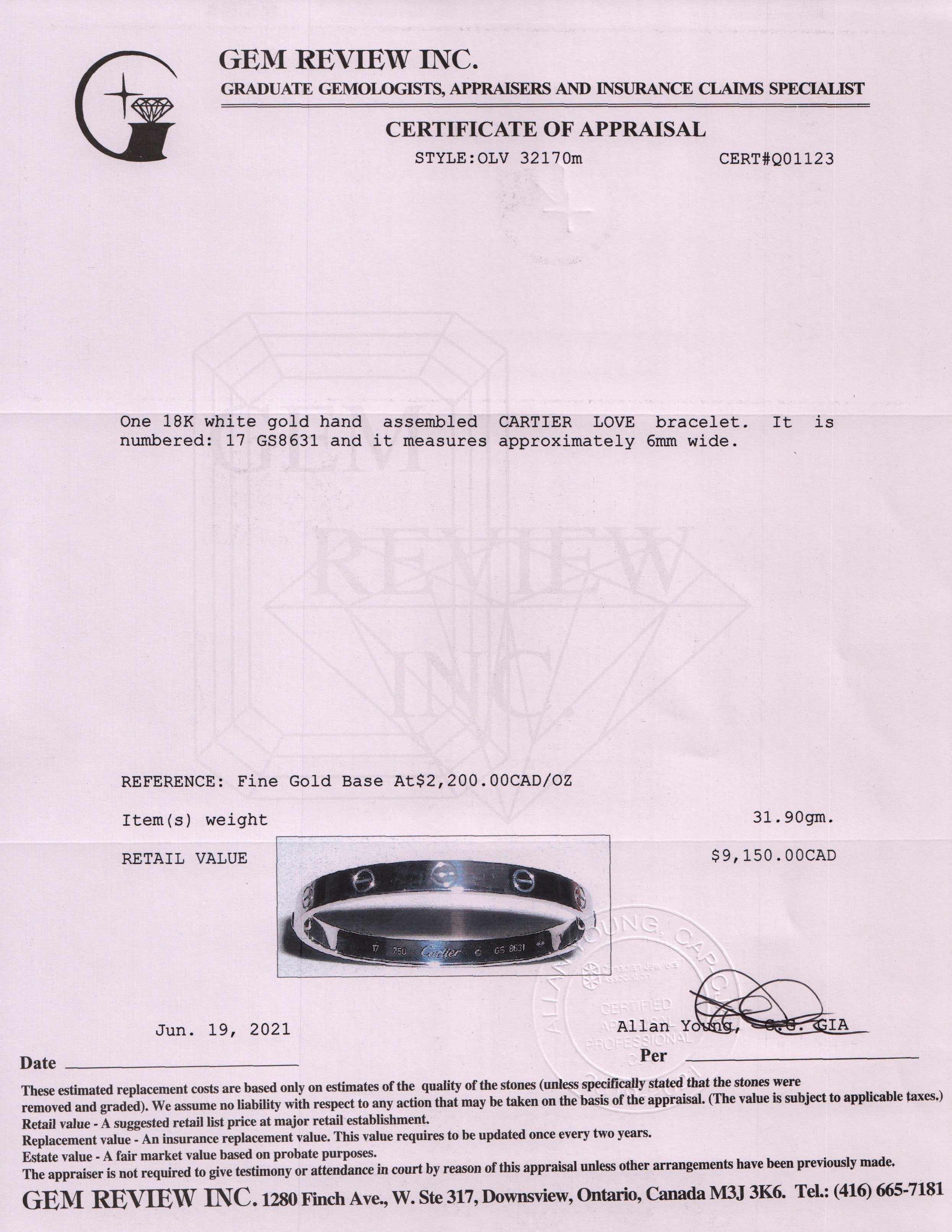 Cartier 18k White Gold Love Bracelet