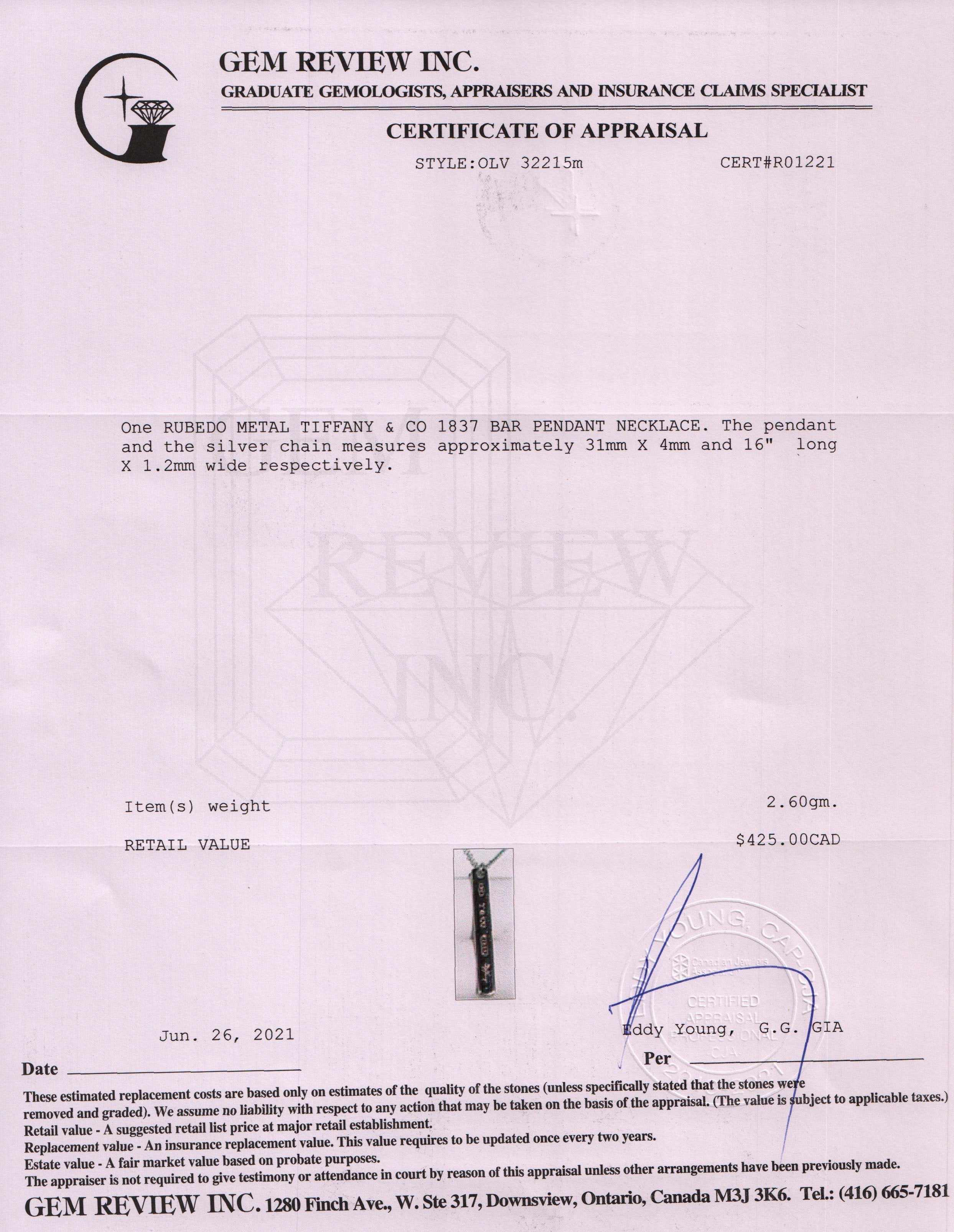 Tiffany & Co. 1837 Bar Pendant Necklace