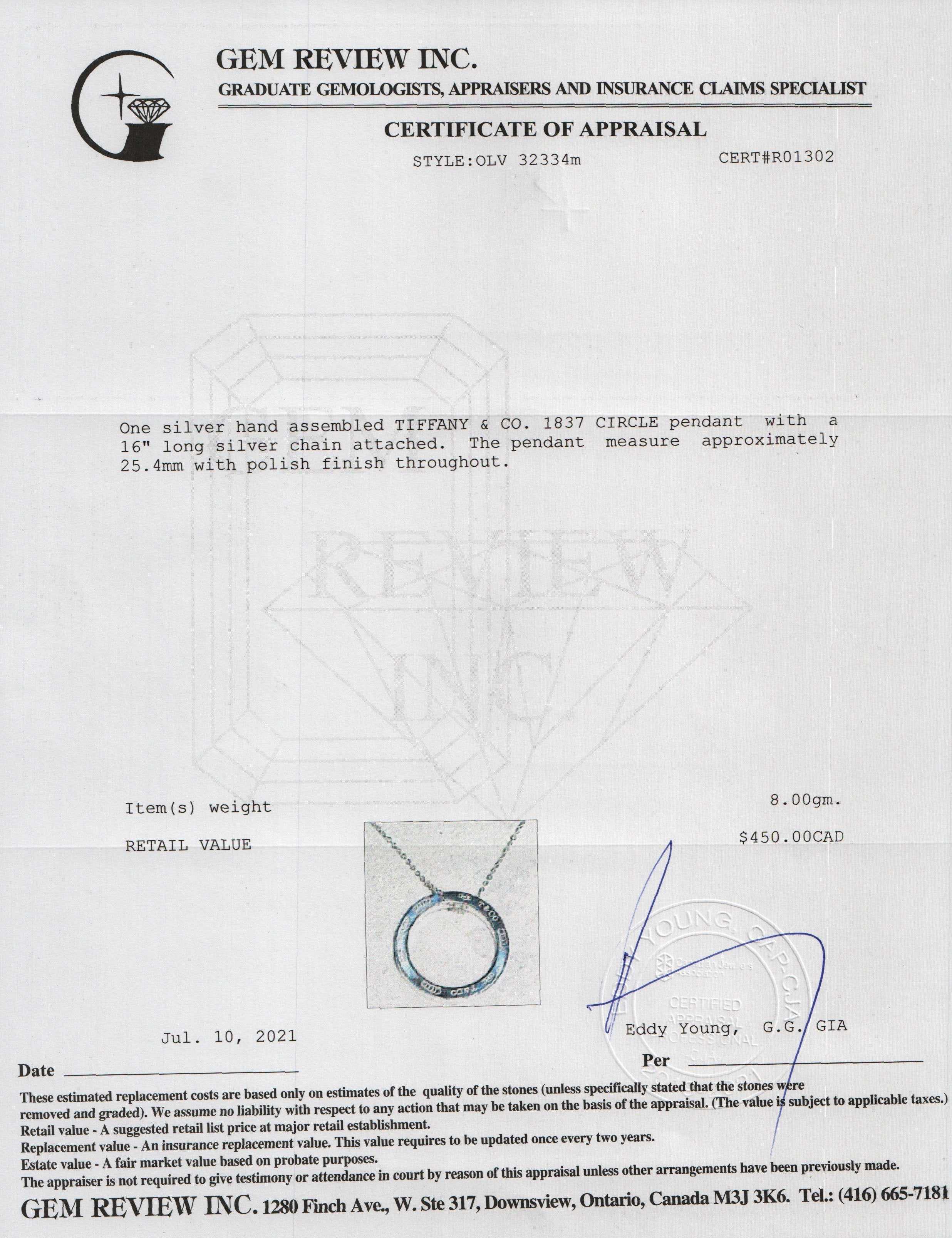 Tiffany & Co. Large 1837 Circle Pendant Necklace