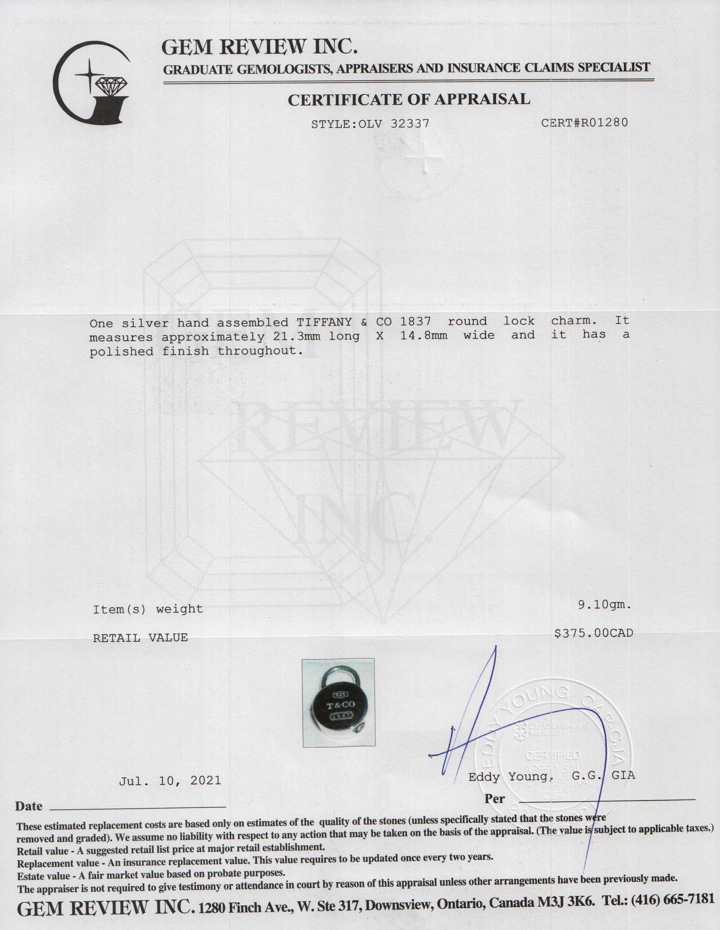 Tiffany & Co. 1837 Round Lock Charm