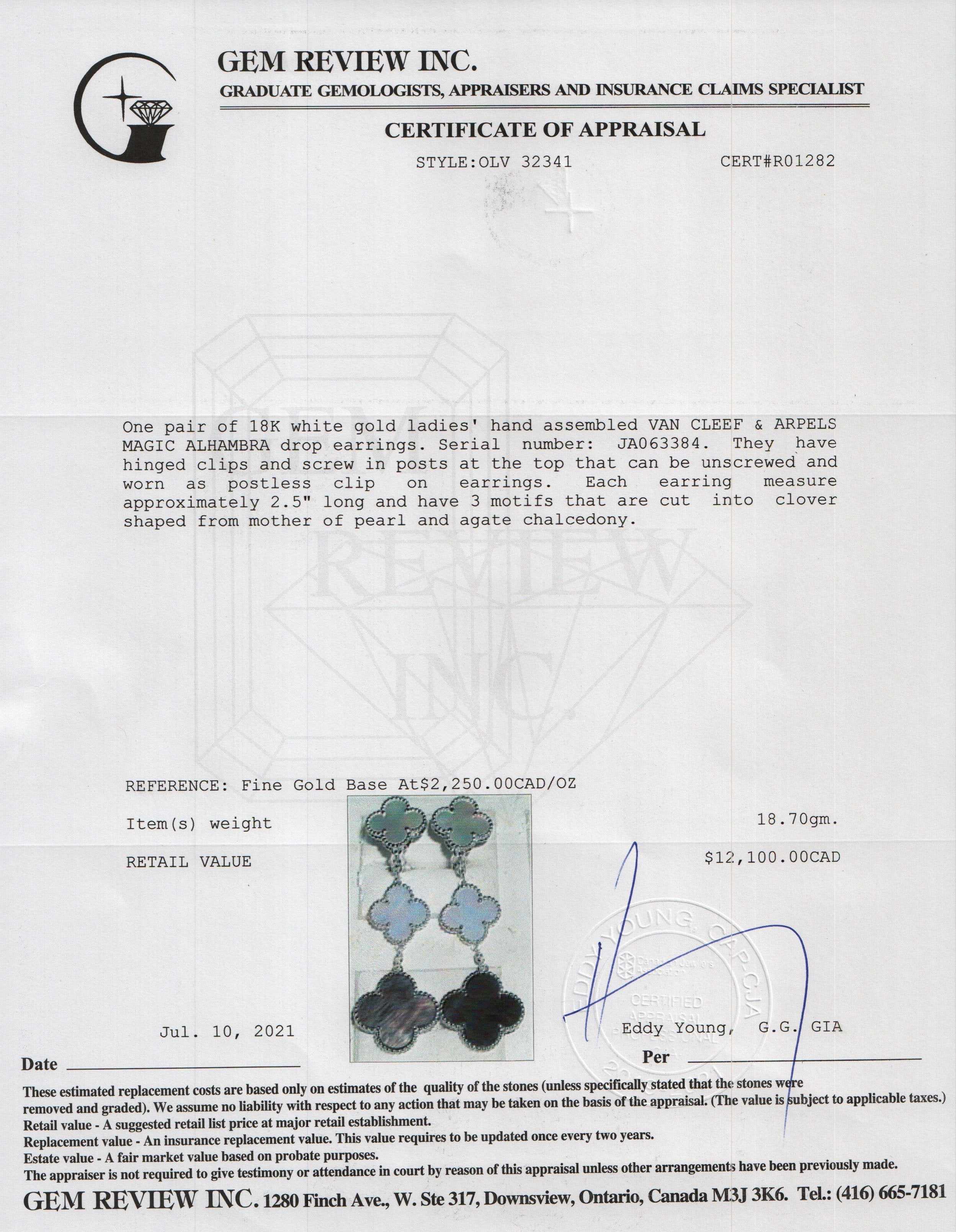 Van Cleef & Arpels 18k White Gold Magic Alhambra Earrings, 3 Motifs w/ Box