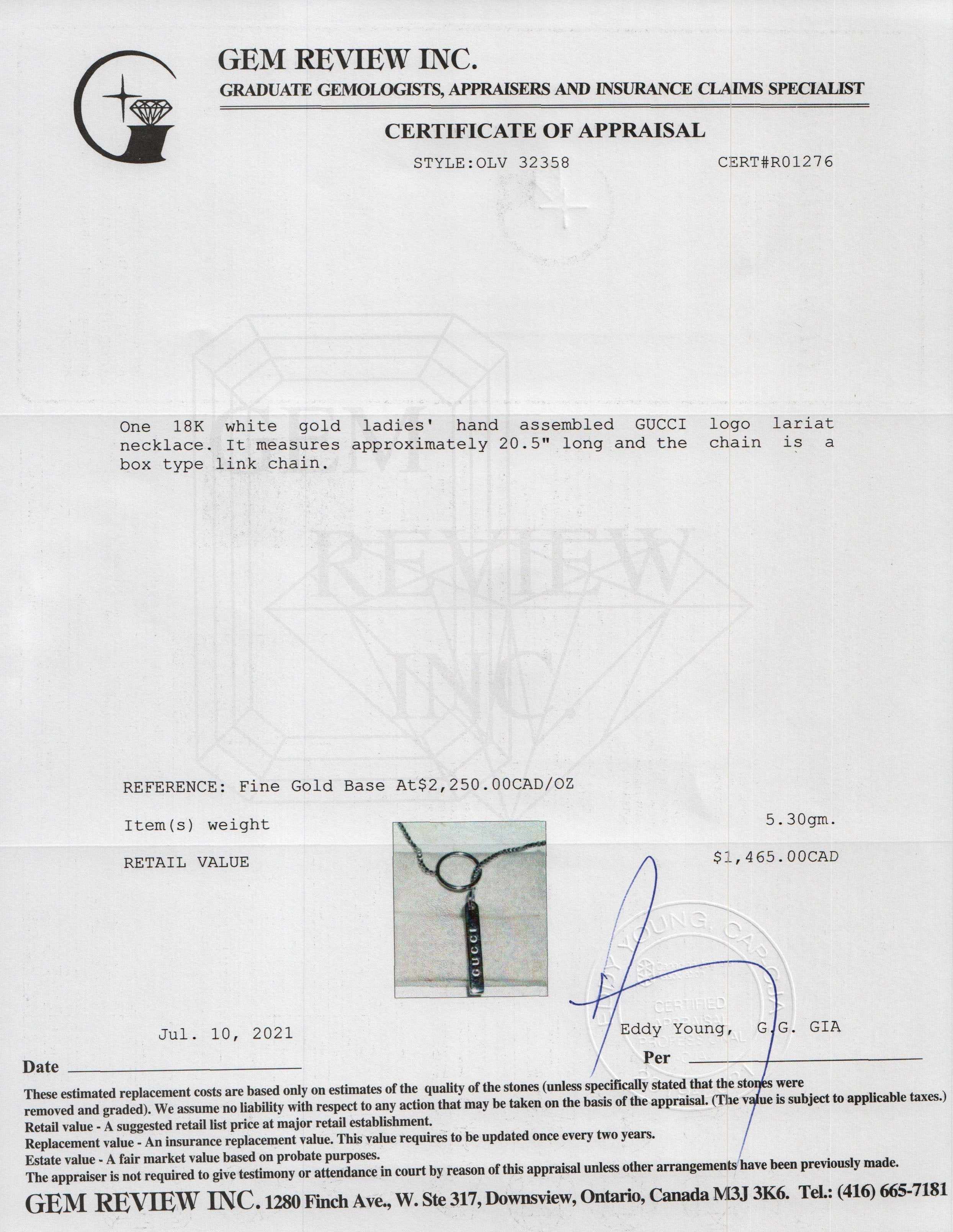 Gucci 18k White Gold Logo Lariat Necklace