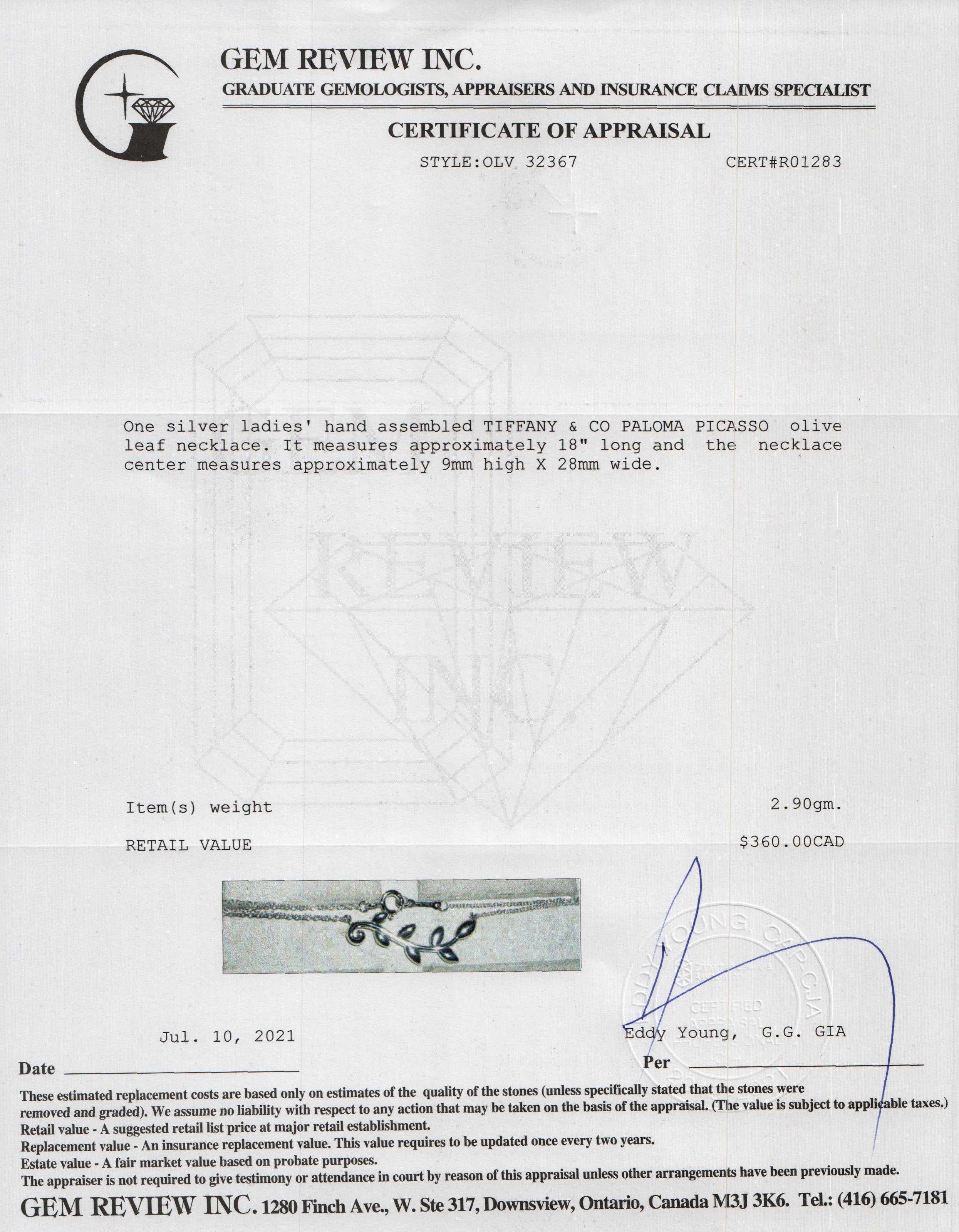 Tiffany & Co. Paloma Picasso Olive Leaf Pendant Necklace