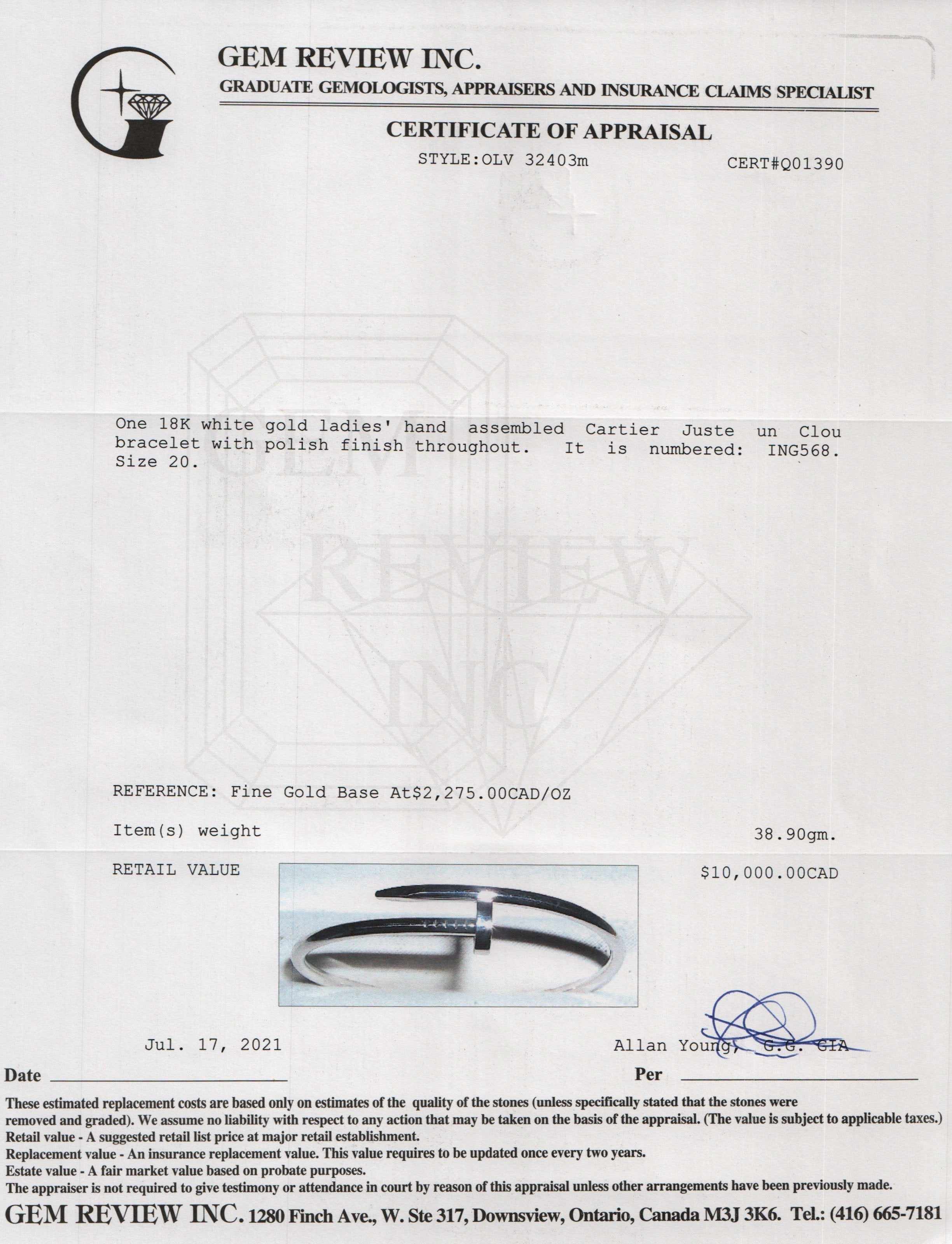 Cartier 18k White Gold Juste Un Clou Bracelet w/ Box & Certificate