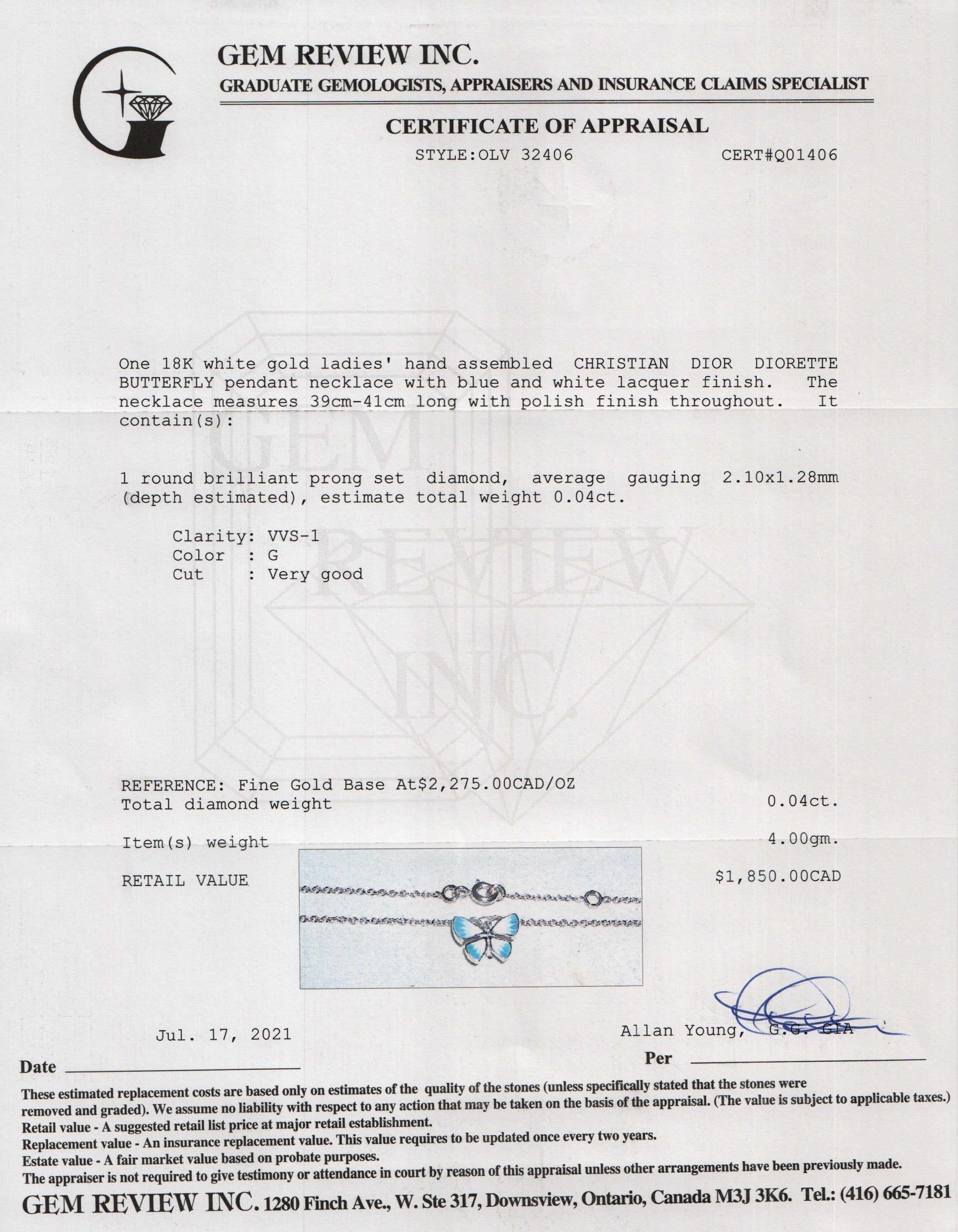 Christian Dior 18k White Gold Diorette Butterfly Pendant Necklace