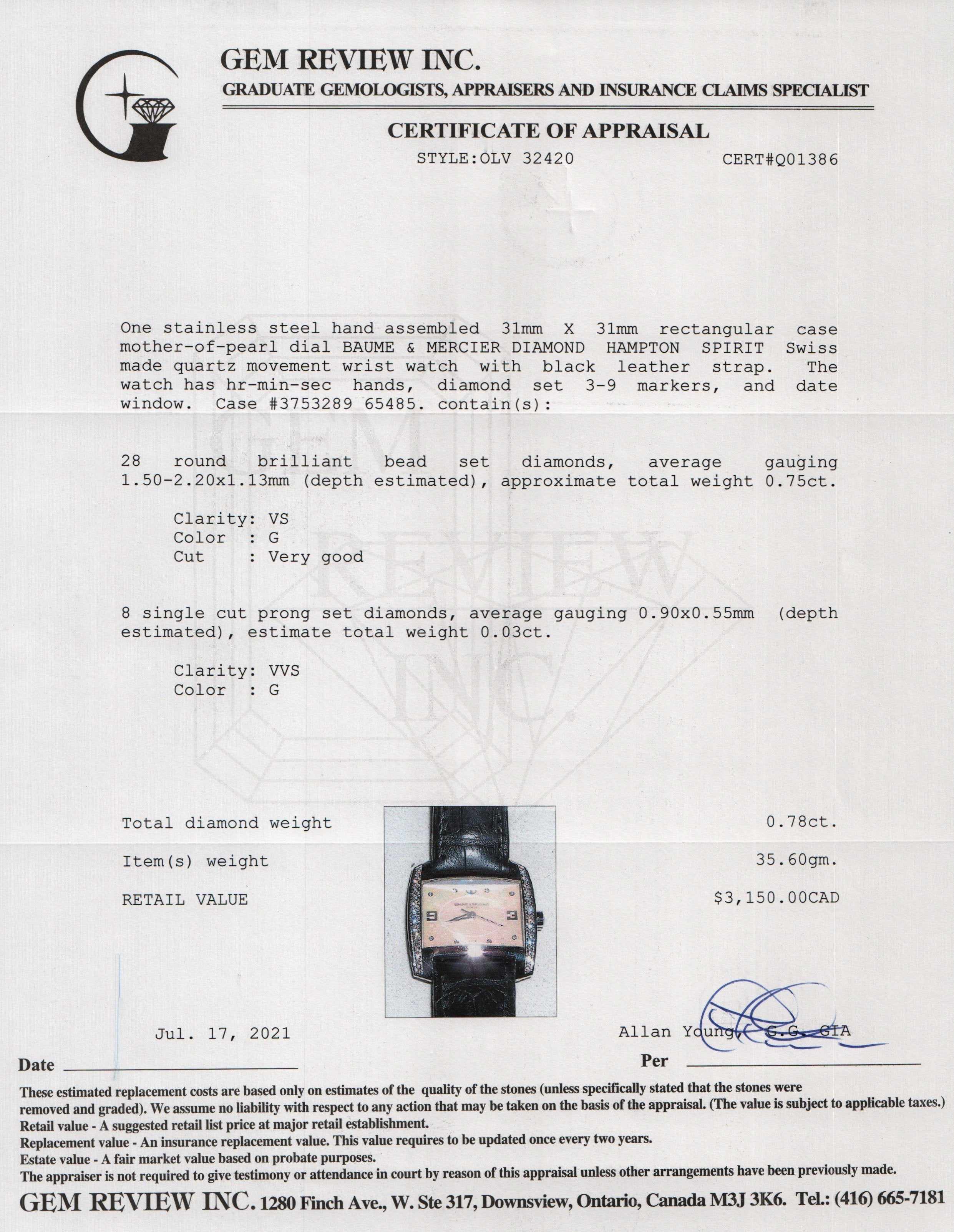 Baume & Mercier Diamond Hampton Spirit Watch