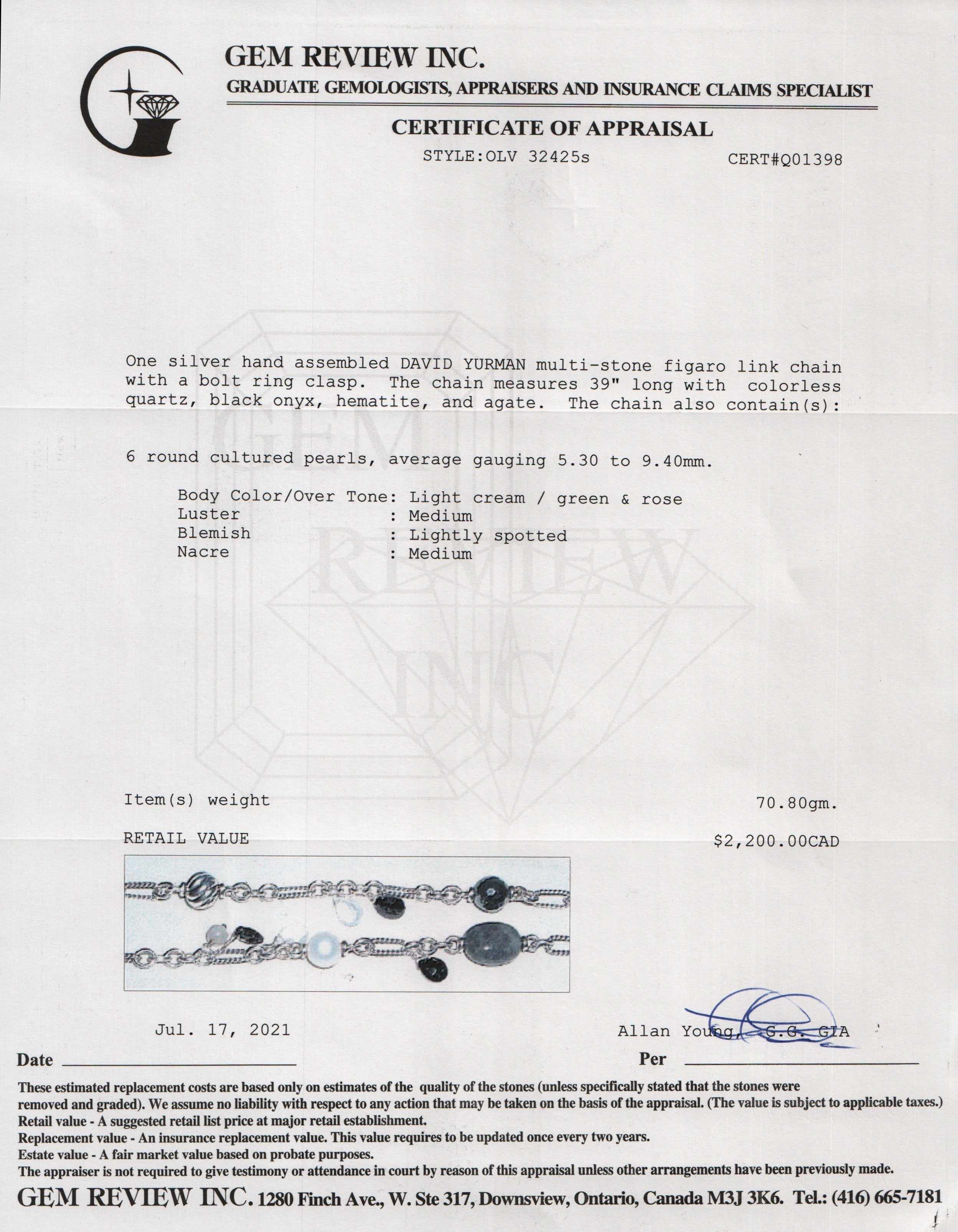 David Yurman Pearl, Onyx, Quartz Station Figaro Link Necklace