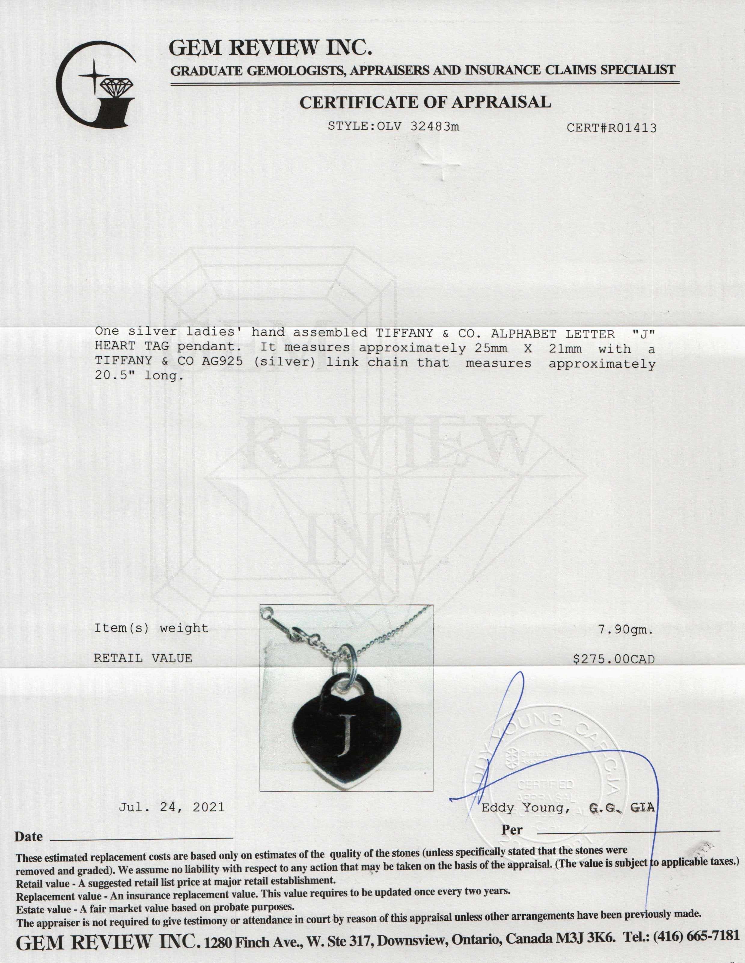 Tiffany & Co. Alphabet Letter 'J' Heart Tag Pendant Necklace