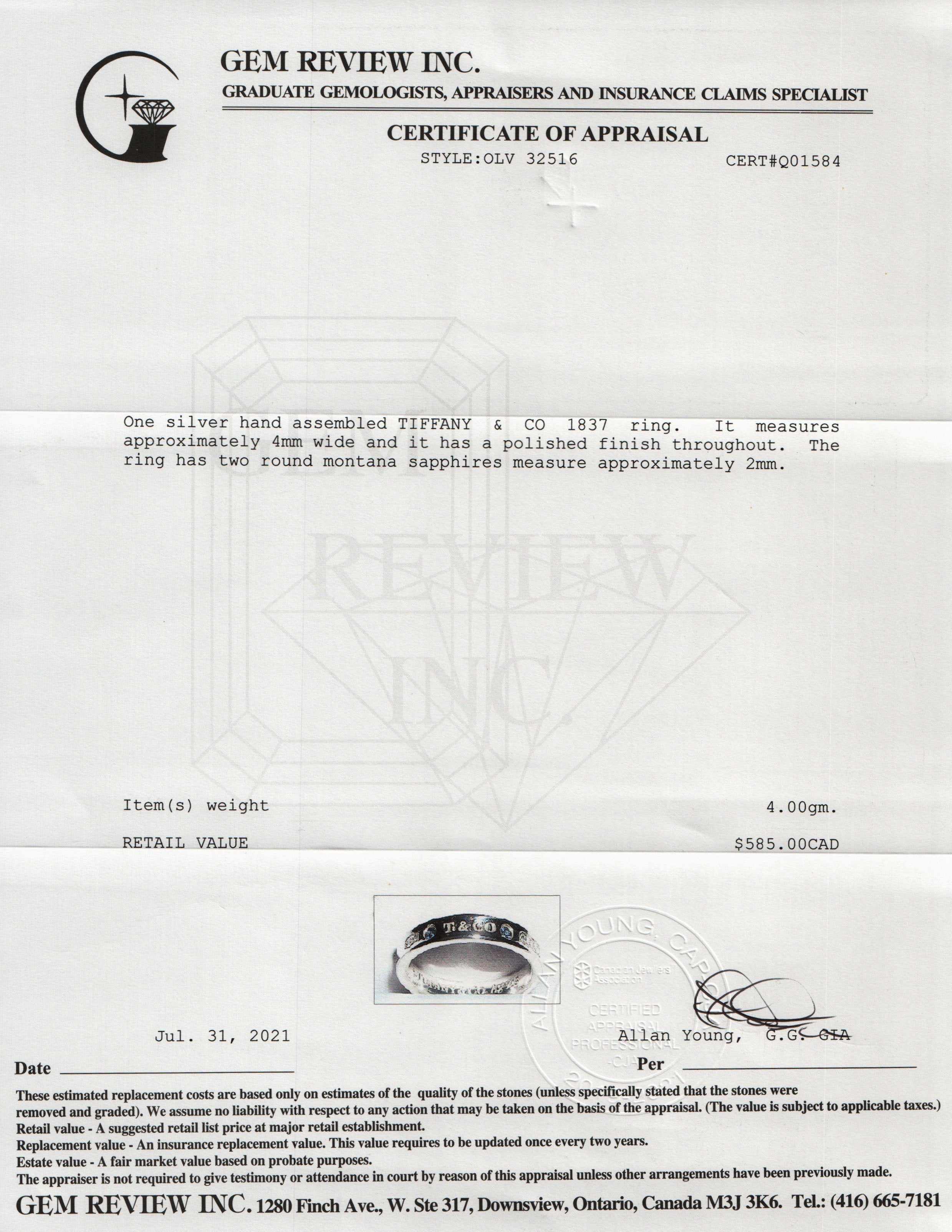 Tiffany & Co. 1837 Narrow Ring with Montana Sapphires