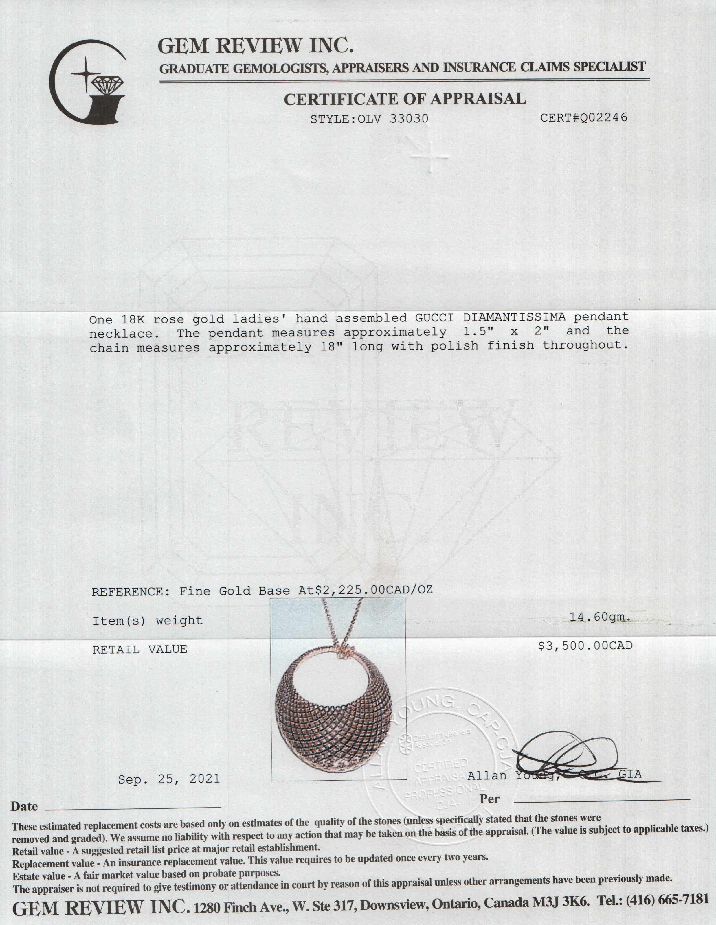 Gucci 18k Rose Gold Diamantissima Oval Pendant Necklace w/ Box