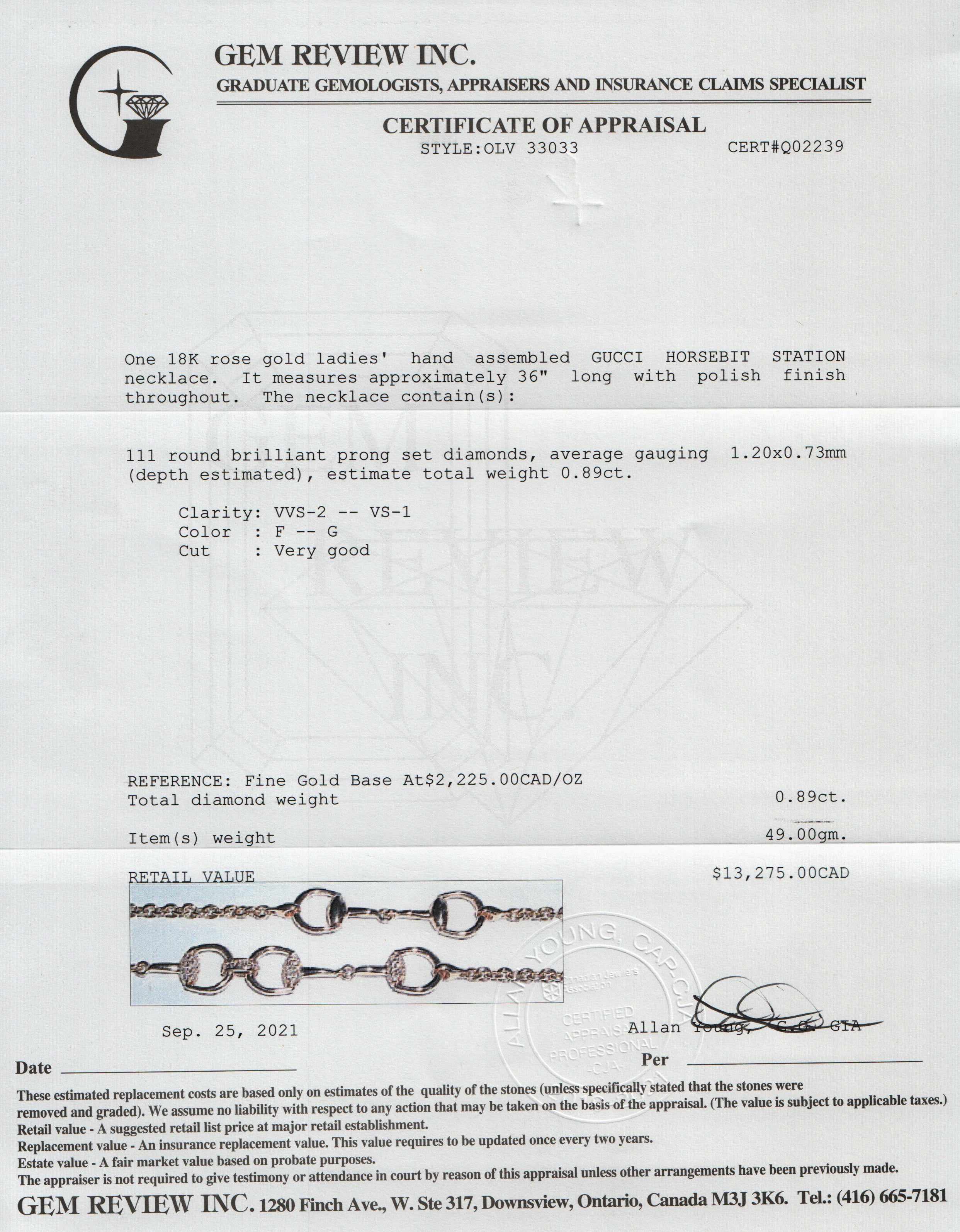 Gucci 18k Rose Gold Diamond Horsebit Station Necklace w/ Box