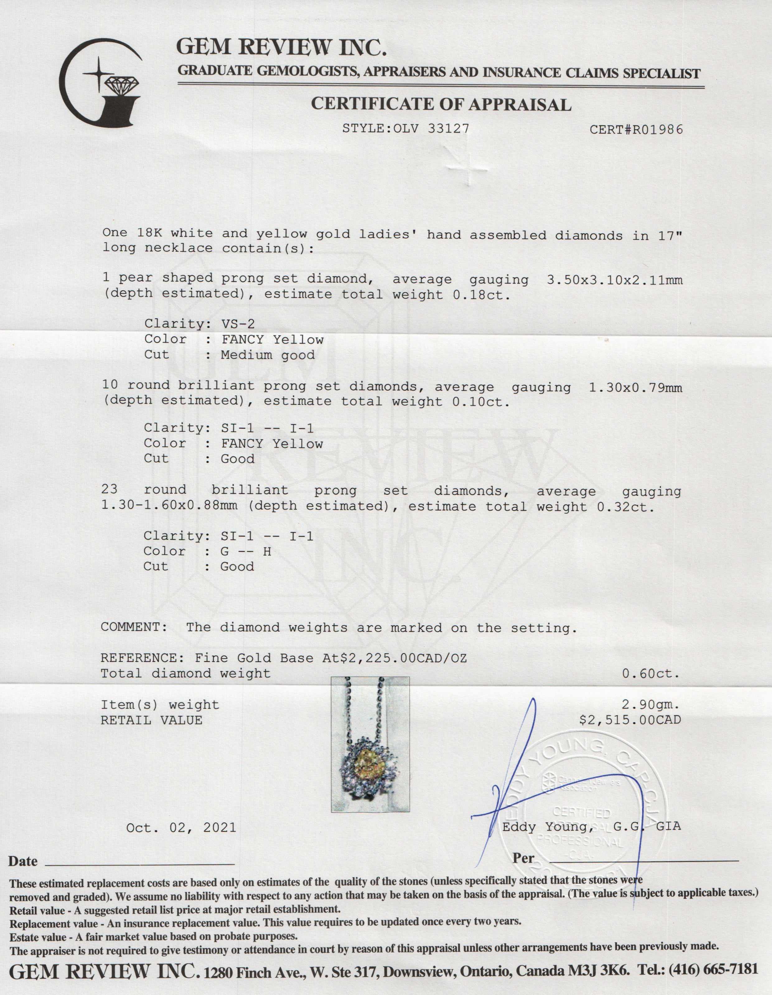 18k White Gold Yellow & White Diamond Pendant Necklace