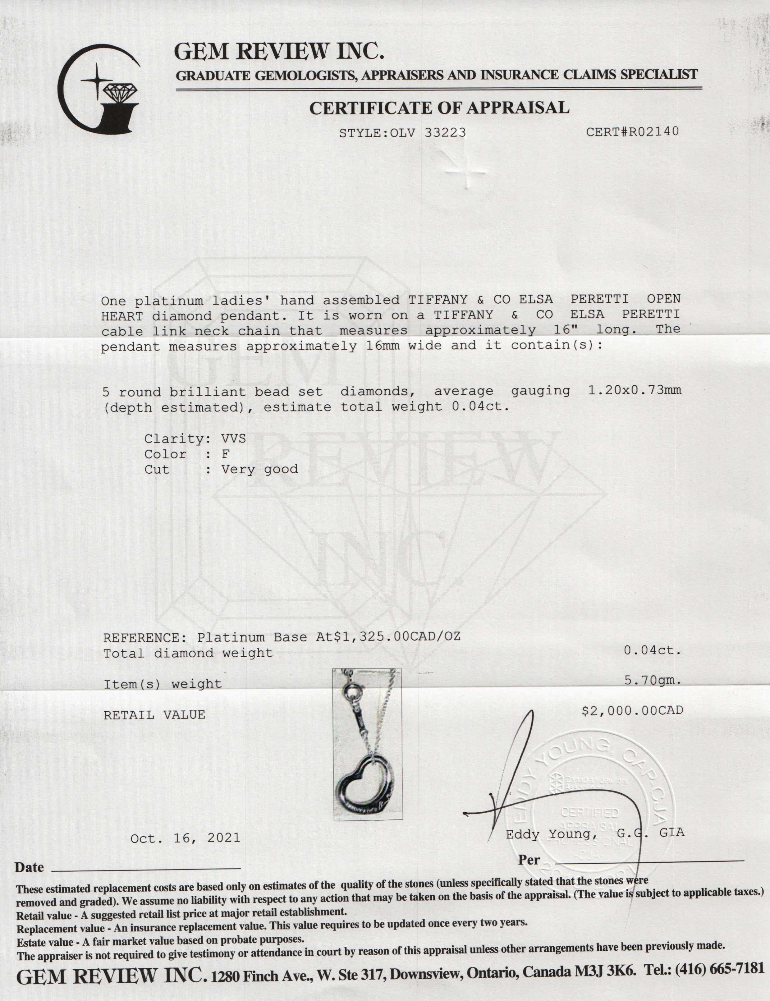 Tiffany & Co. Elsa Peretti Platinum & Diamond Open Heart Pendant Necklace