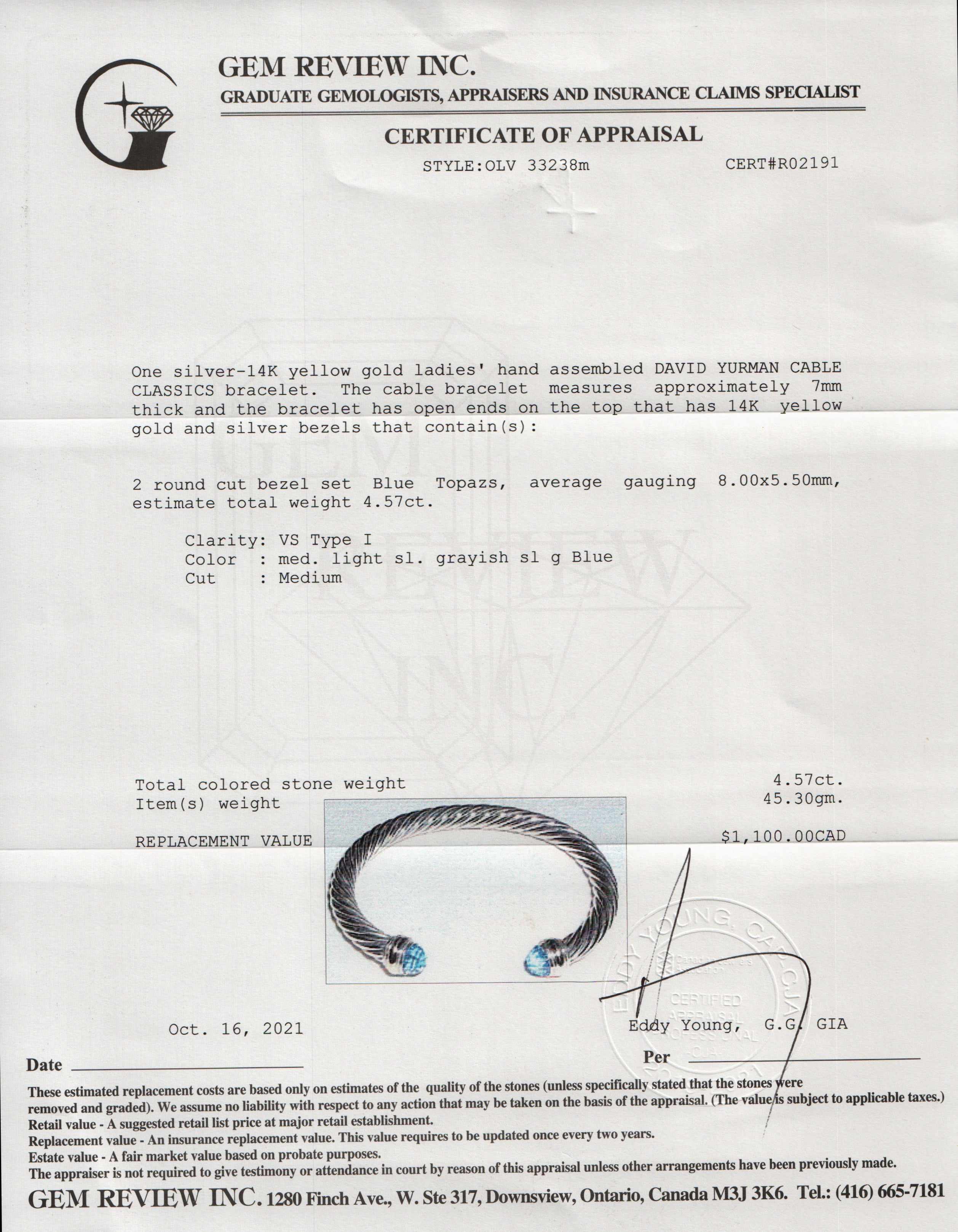 David Yurman Two-Tone Cable Classics Bracelet with Blue Topaz