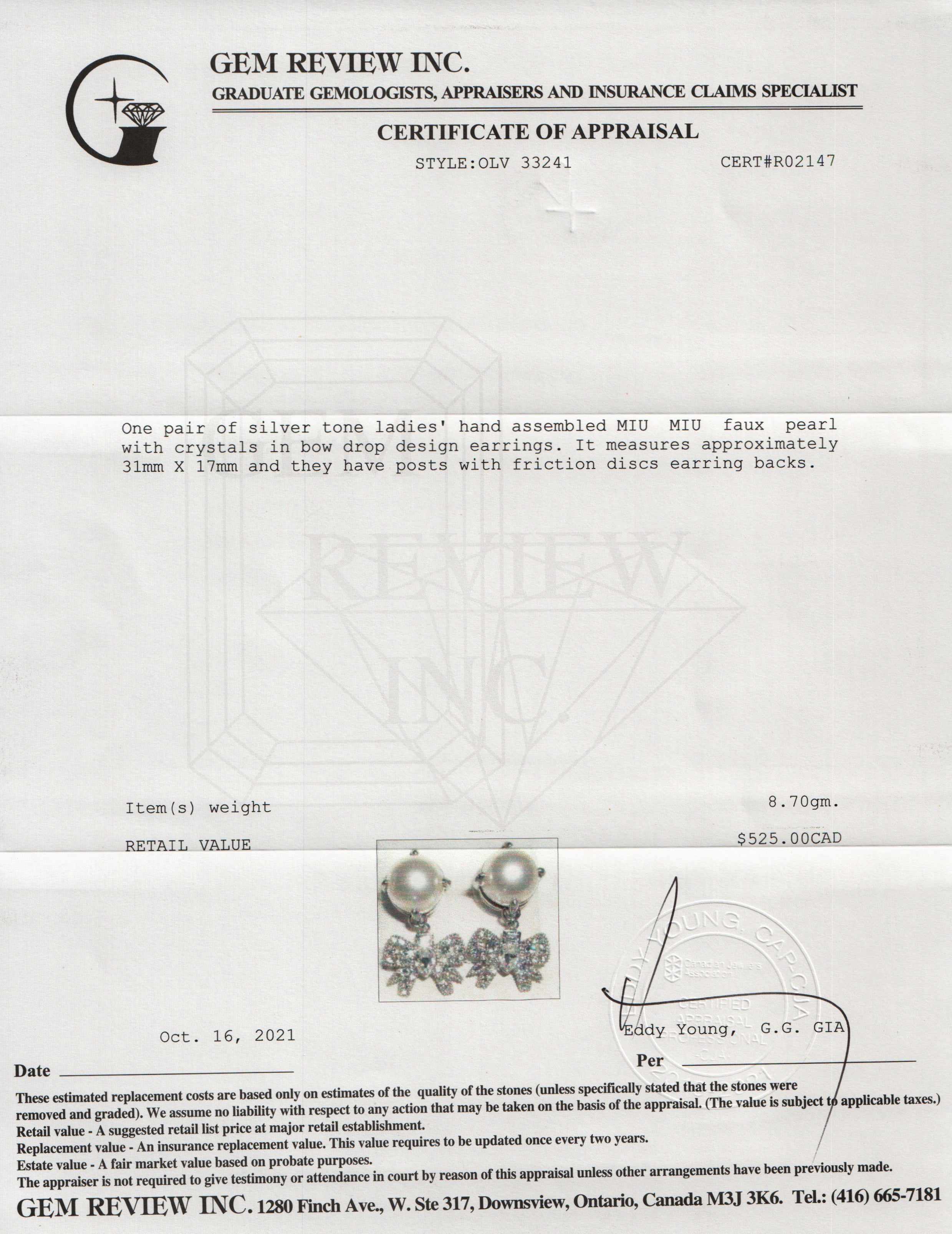 Miu Miu Pearl & Crystal Drop Earrings w/ Box