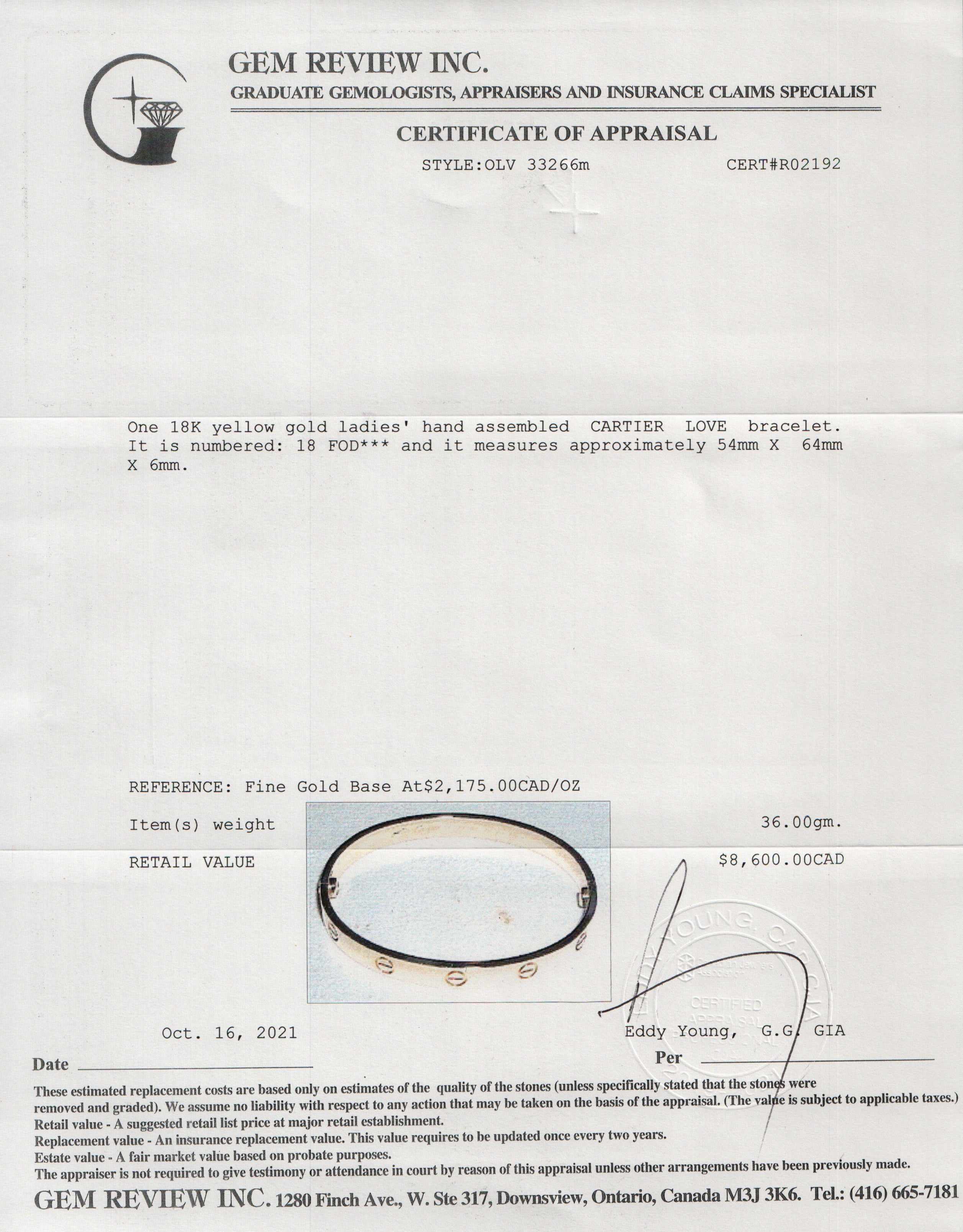 Cartier 18k Gold Love Bracelet w/ Box, Receipt, Certificate