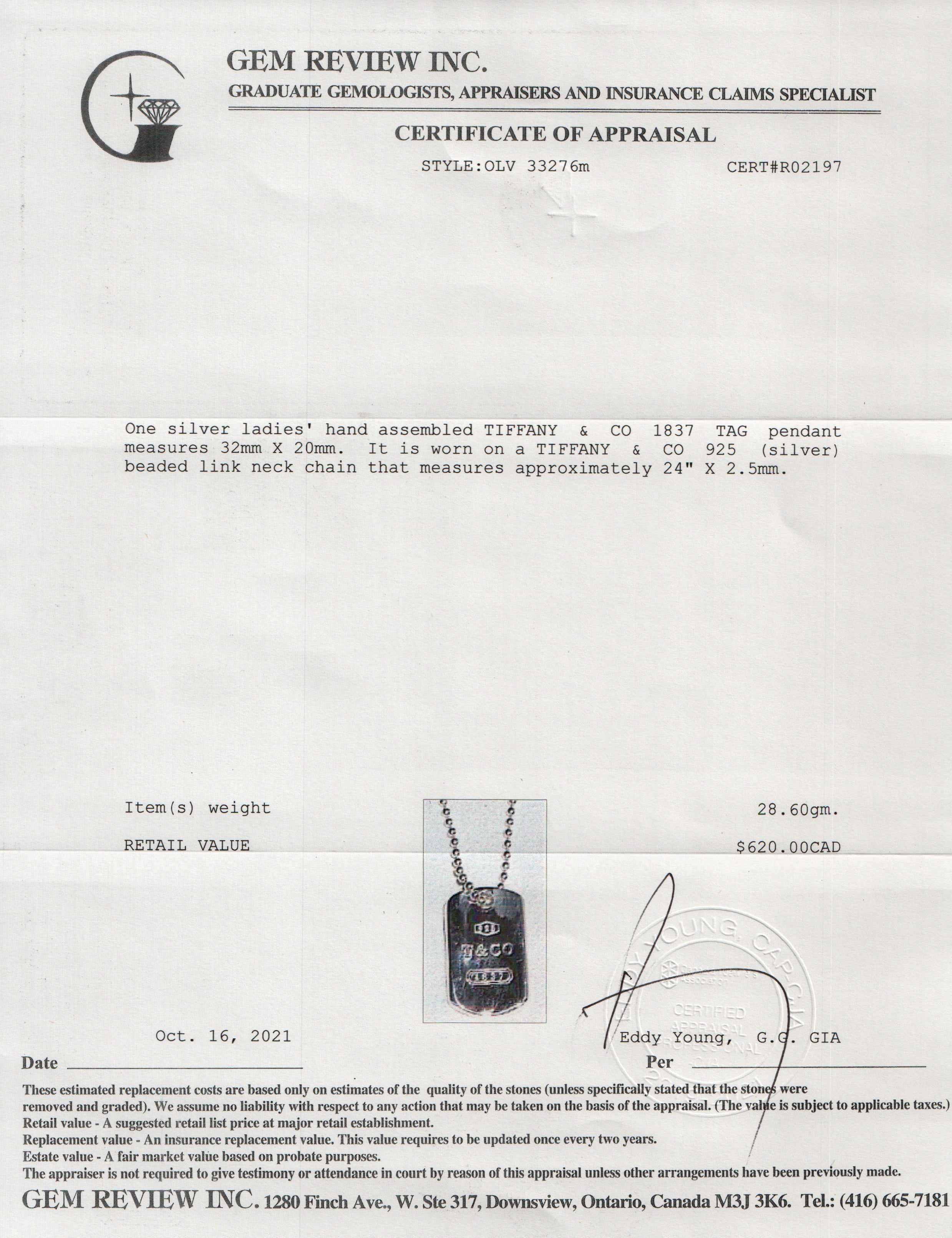 Tiffany & Co. 1837 Tag Pendant Necklace