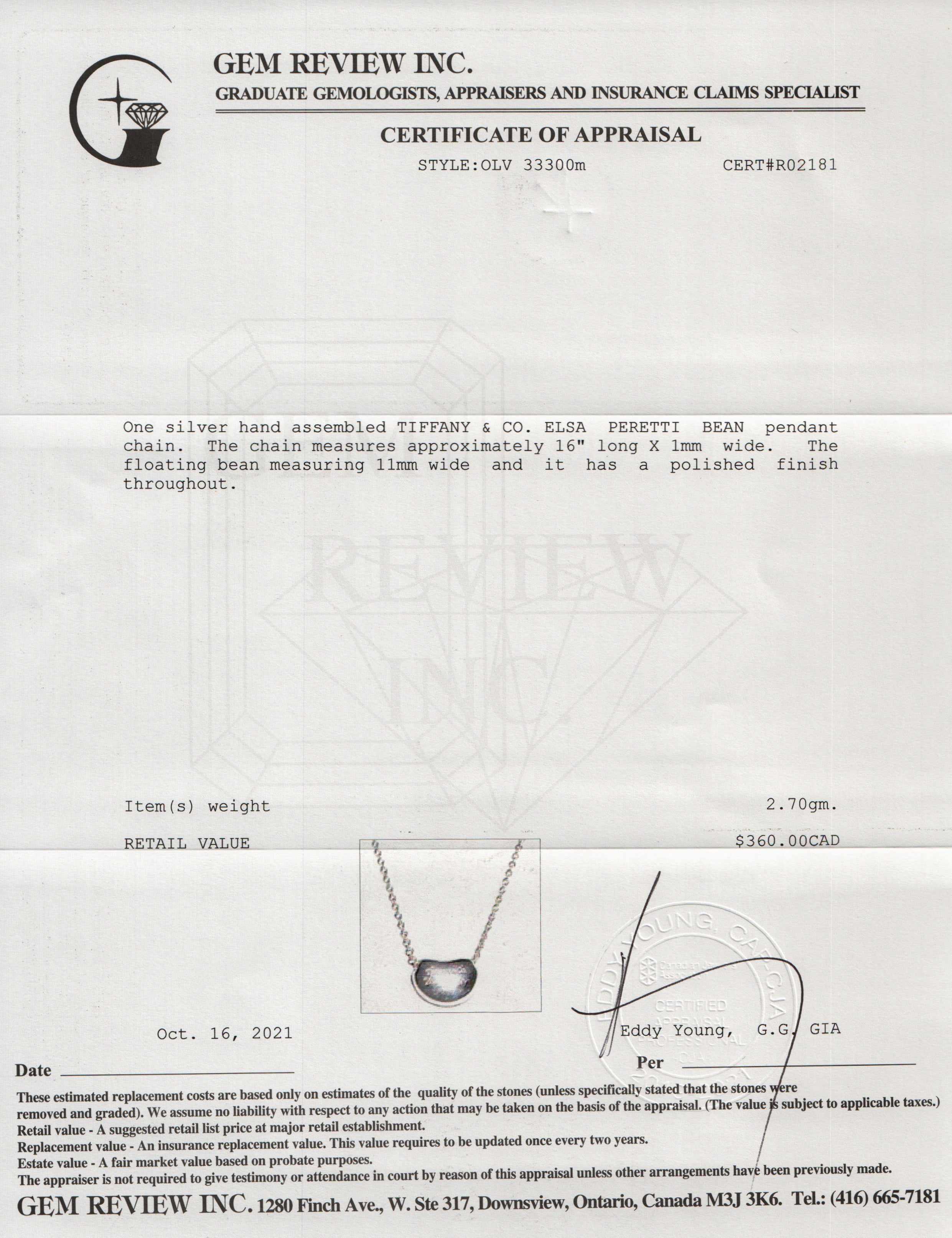 Tiffany & Co. Elsa Peretti Bean Pendant Necklace