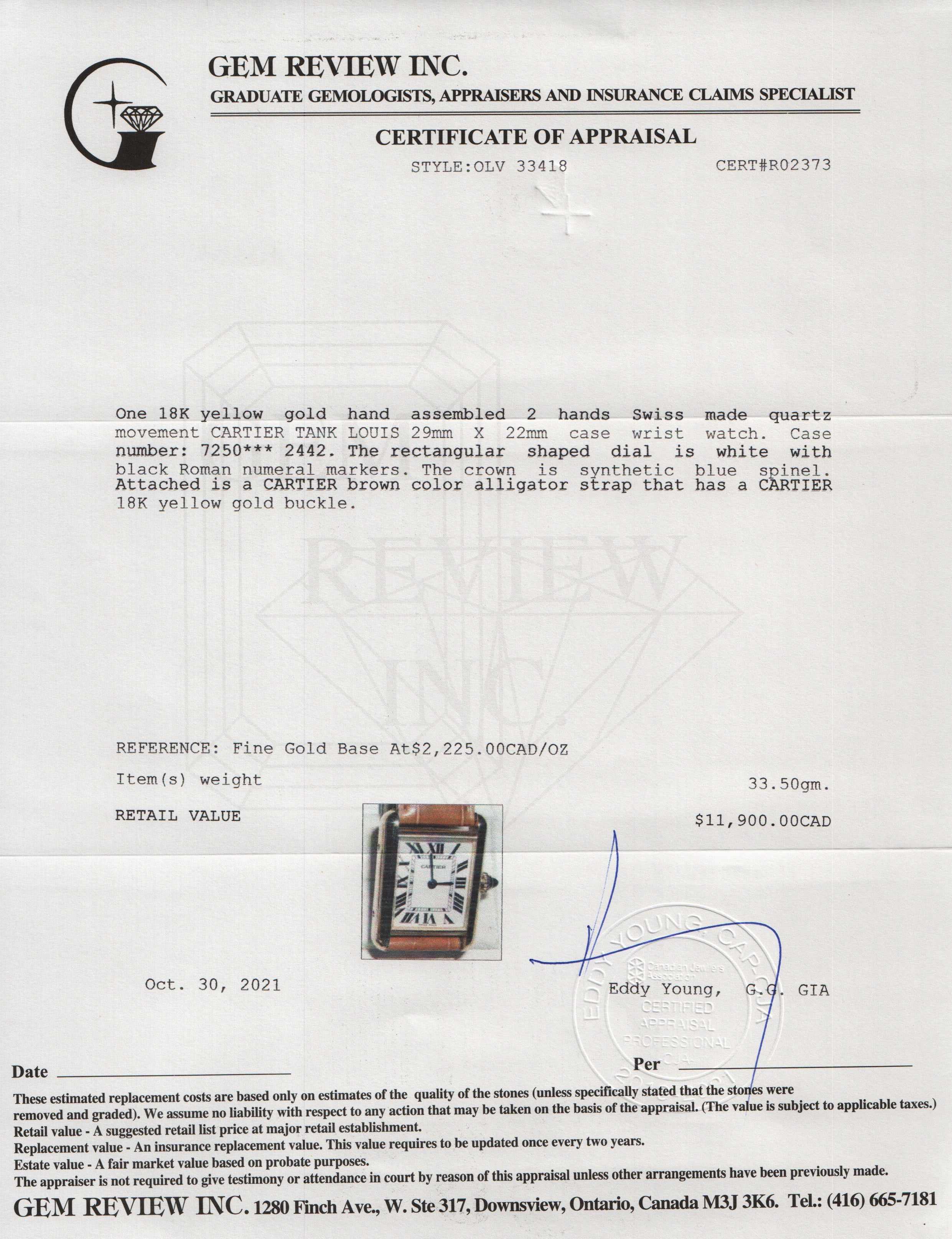 Cartier 18k Gold Tank Louis Watch