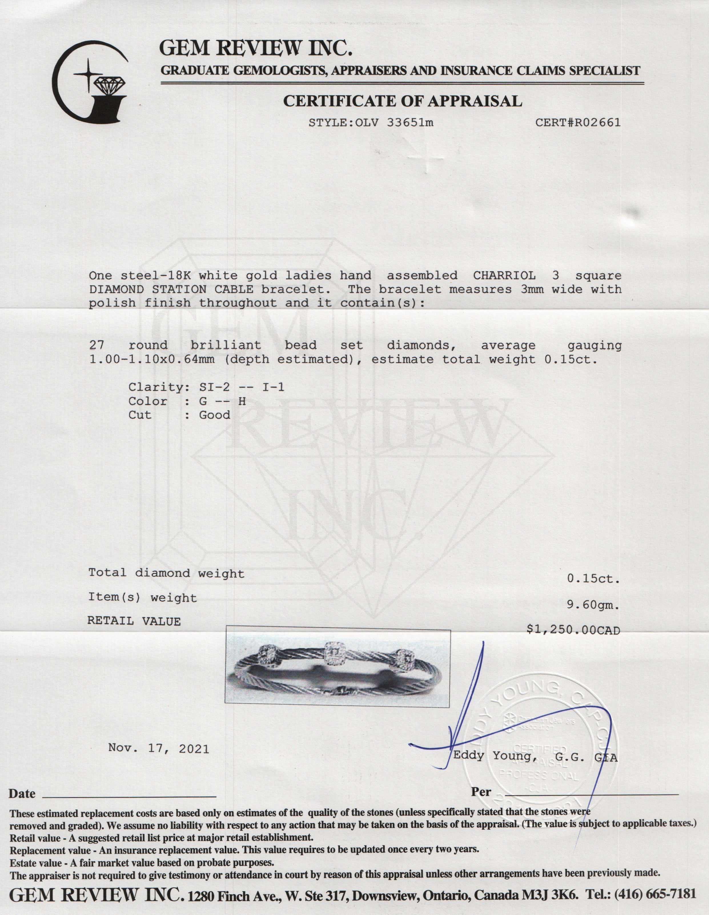 Charriol Three Square Station Diamond Cable Bracelet