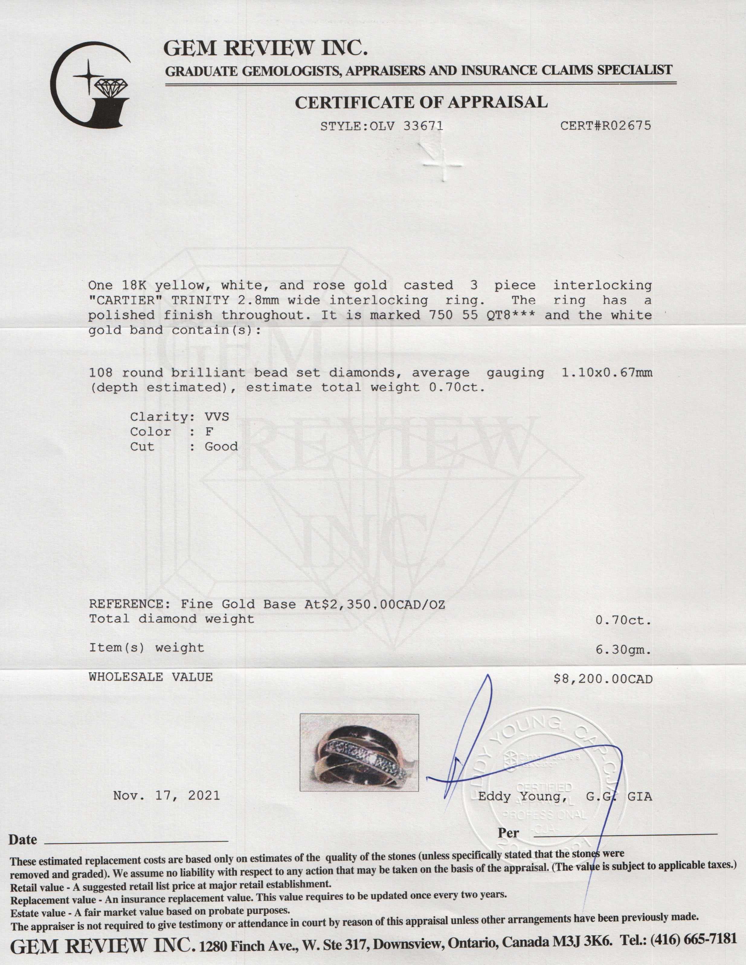 Cartier Diamond Trinity Rolling Ring w/ Box & Certificate