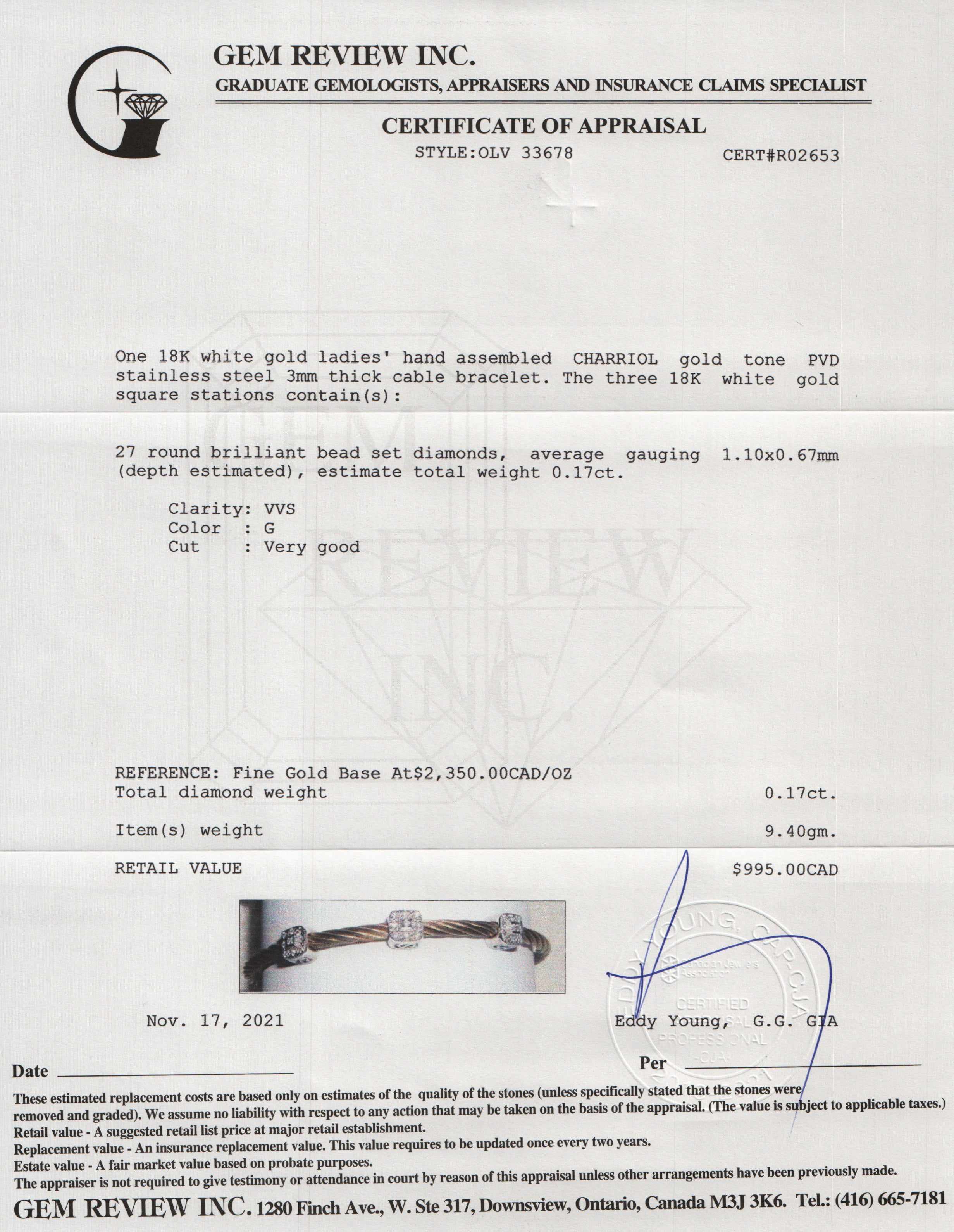 Charriol Classique Two-Tone Diamond Three Square Station Cable Bracelet w/ Box