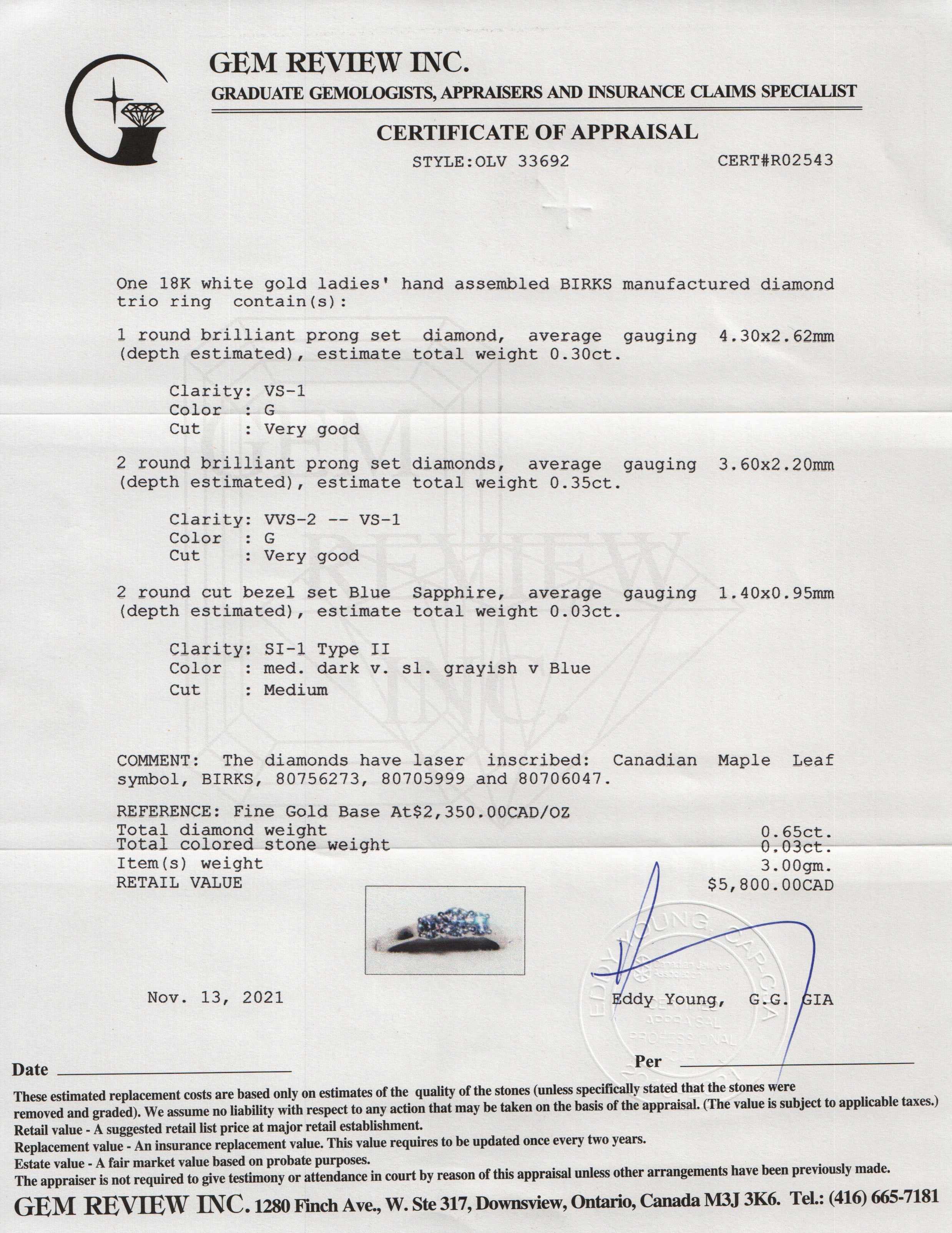 Birks 18k White Gold Three Stone Diamond Ring