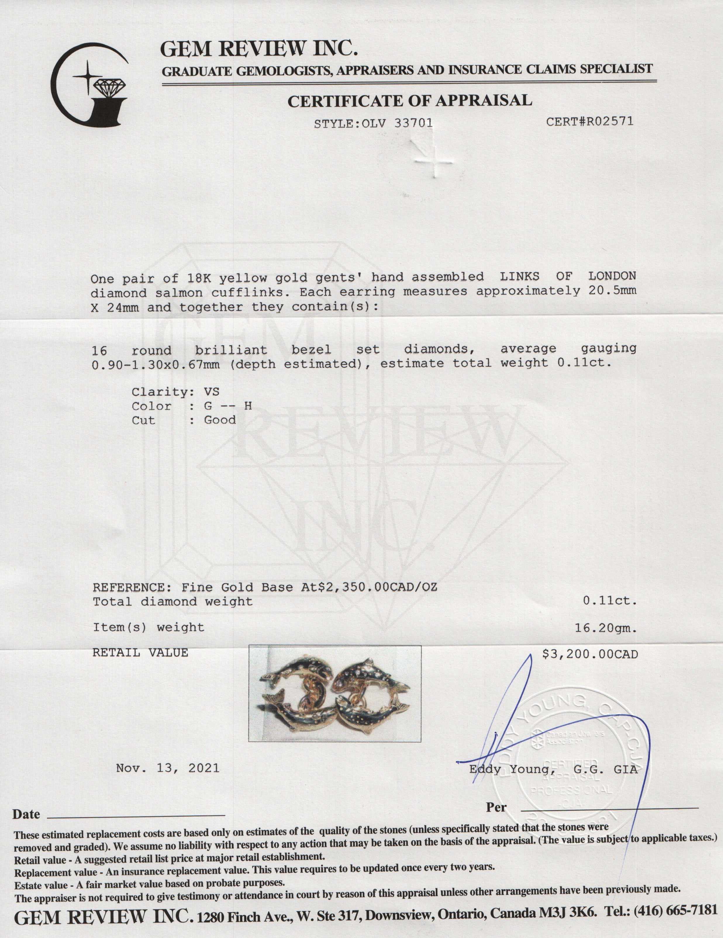 Links of London 18k Gold & Diamond Salmon Cufflinks w/Box