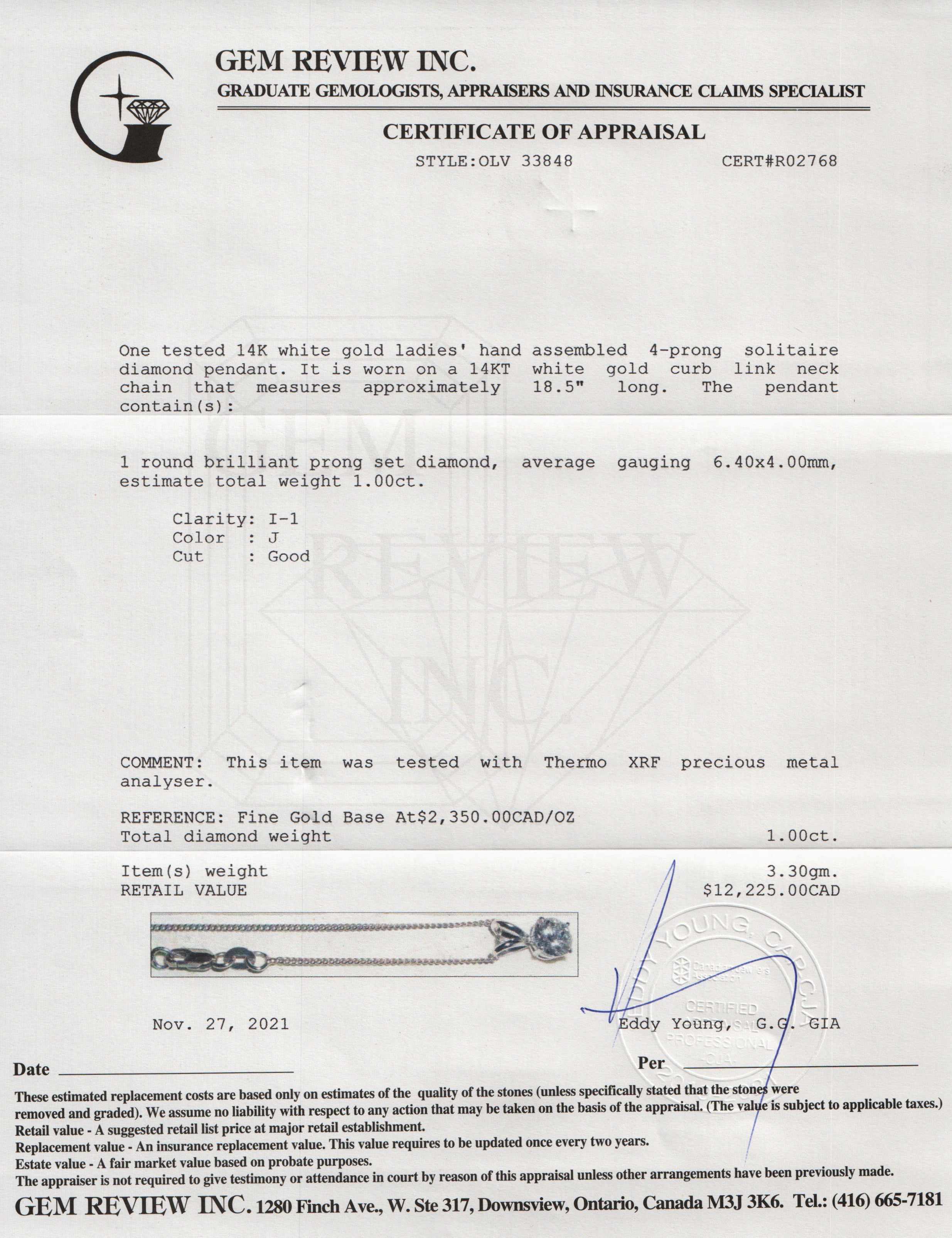 1.00 ct. Diamond Solitaire Pendant Necklace