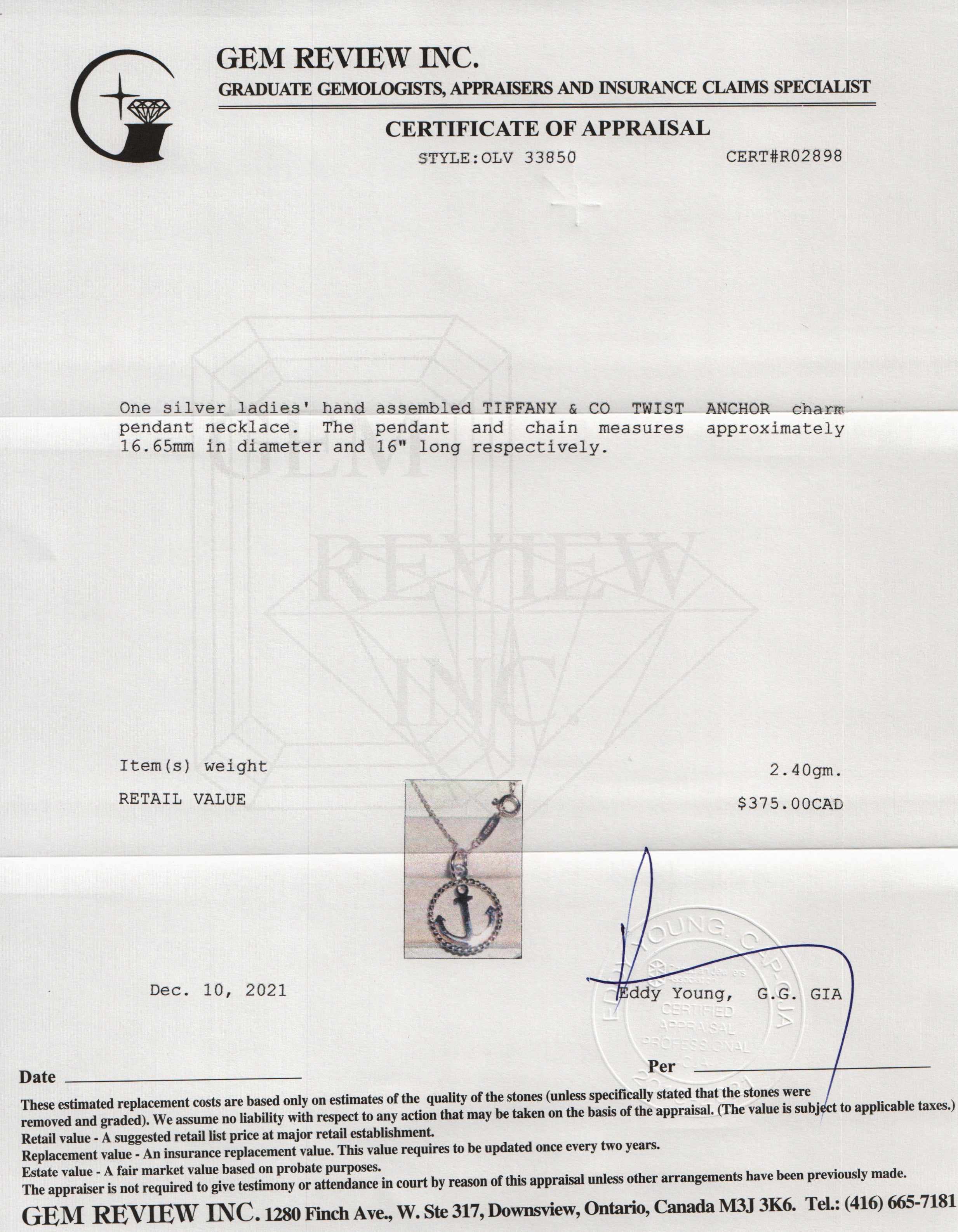 Tiffany & Co. Twist Anchor Charm Pendant Necklace