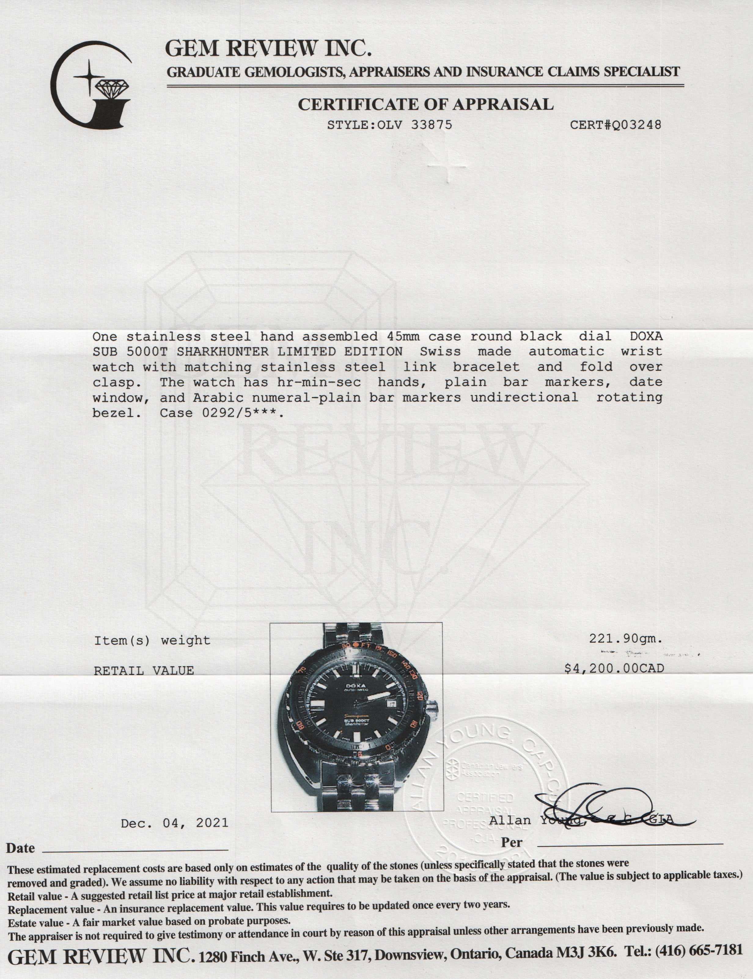Doxa Sub 5000T Sharkhunter Limited Edition Watch w/ Box
