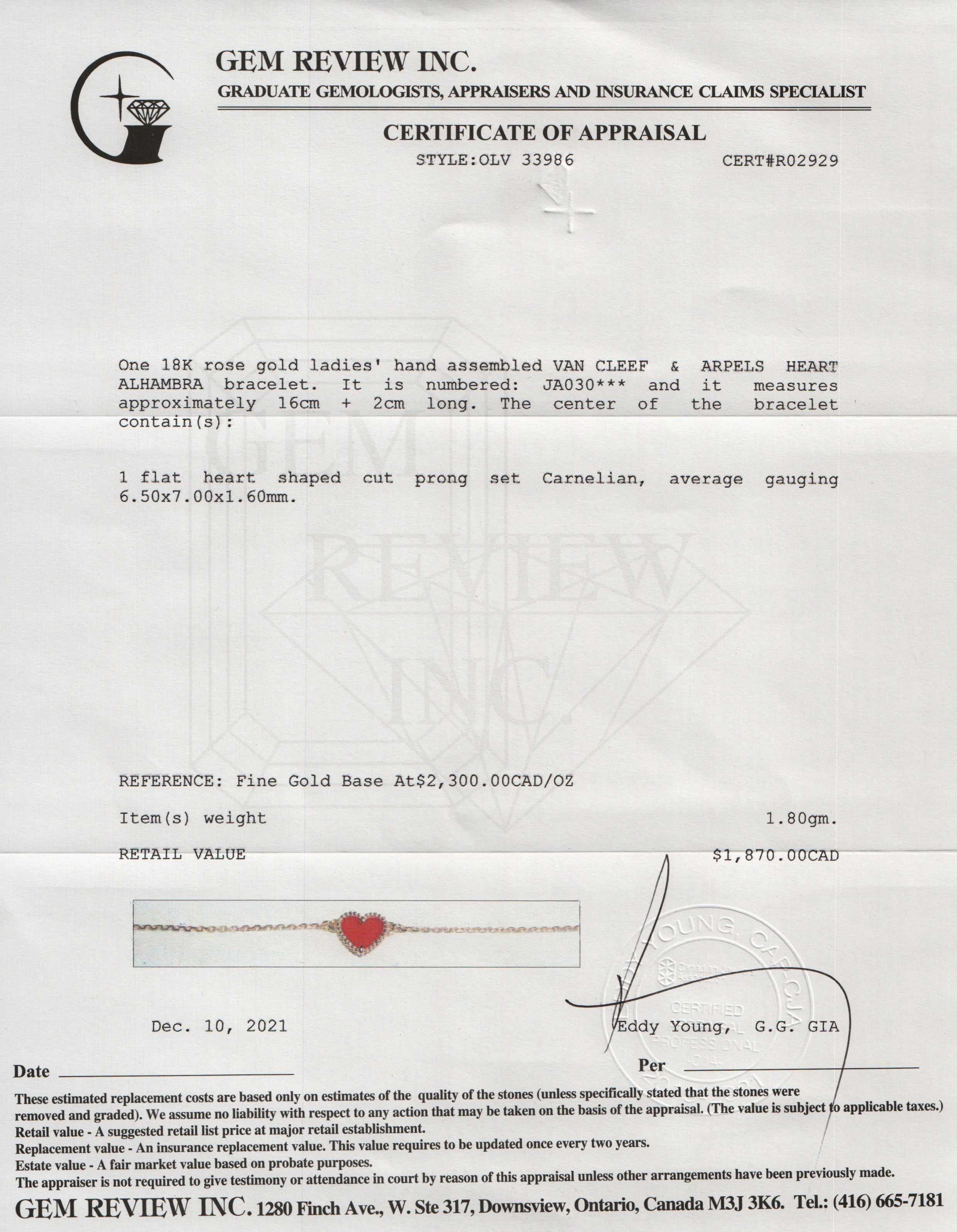 Van Cleef & Arpels Sweet Alhambra Carnelian Heart Bracelet w/ Box