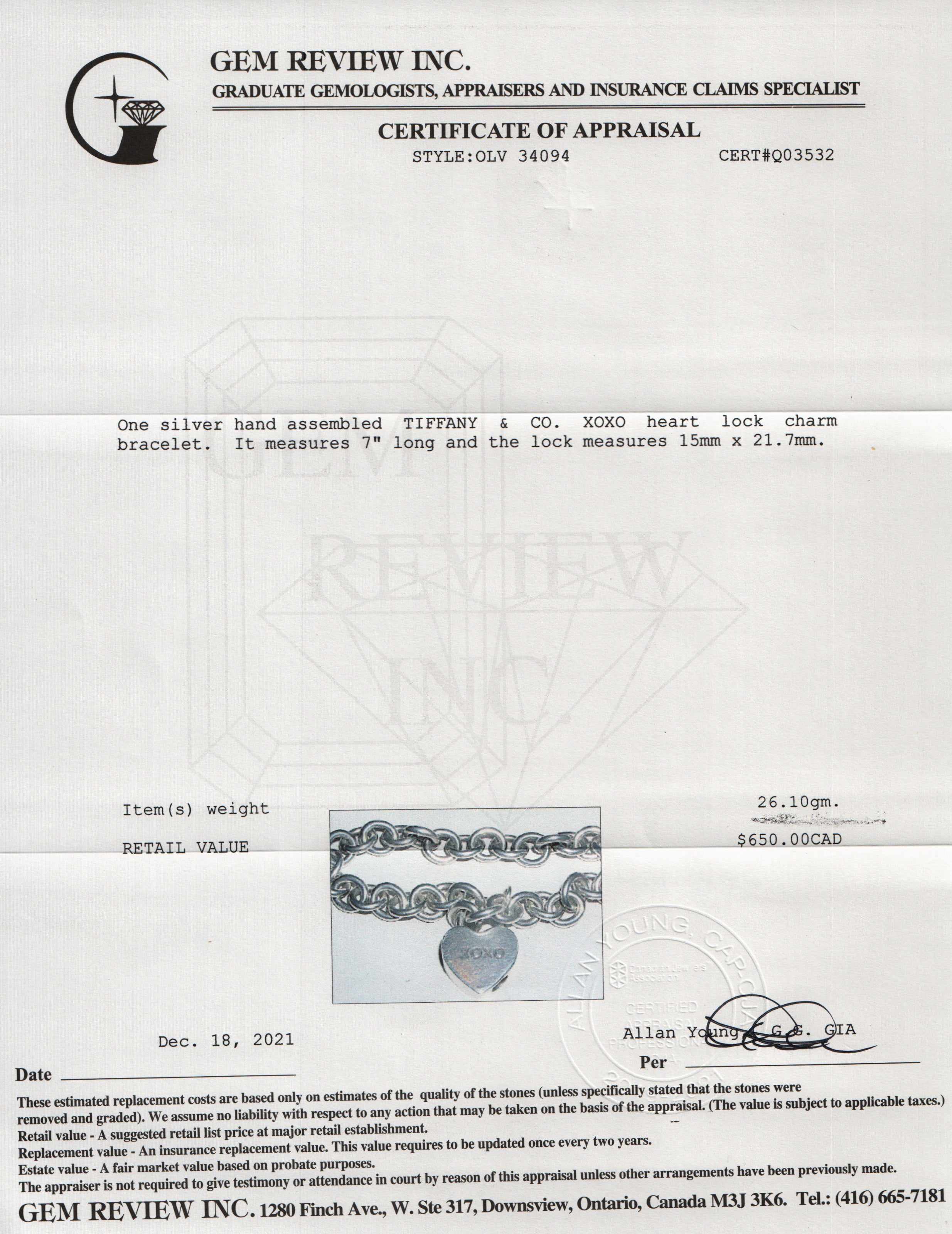 Tiffany & Co. 'XOXO' Heart Lock Charm Bracelet