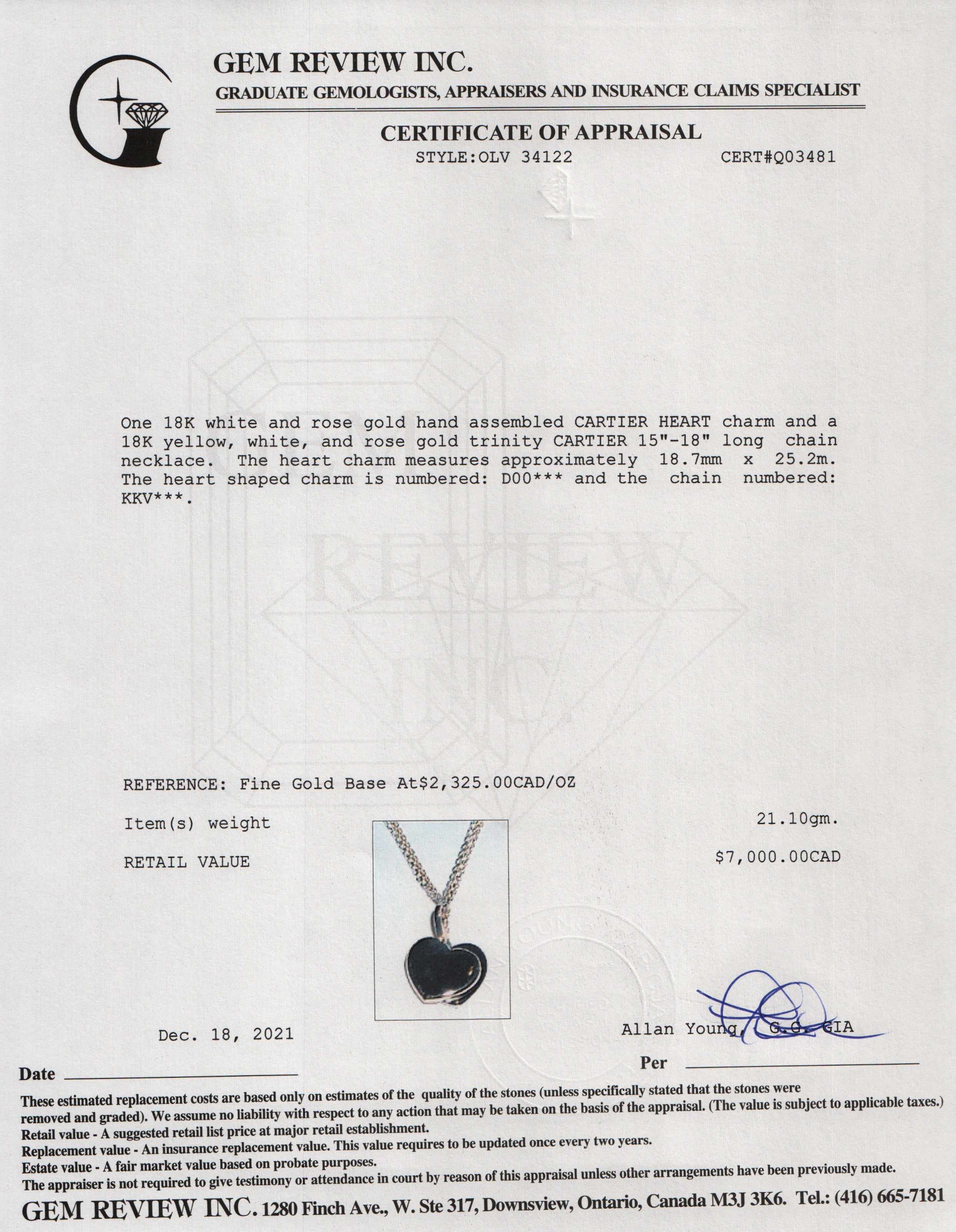 Cartier 18k Gold Heart Charm Necklace w/ Box & Certificate