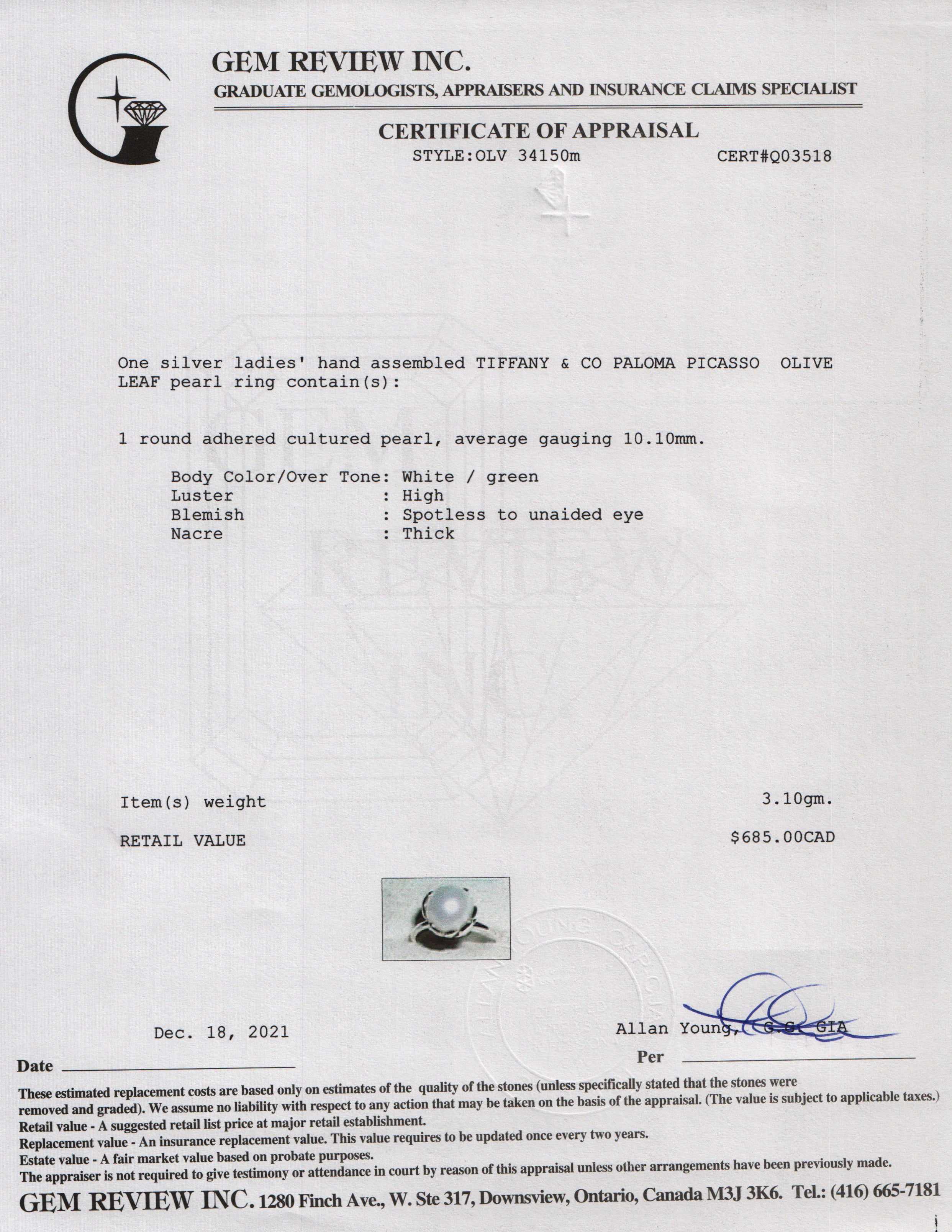 Tiffany & Co. Paloma Picasso Olive Leaf Pearl Ring